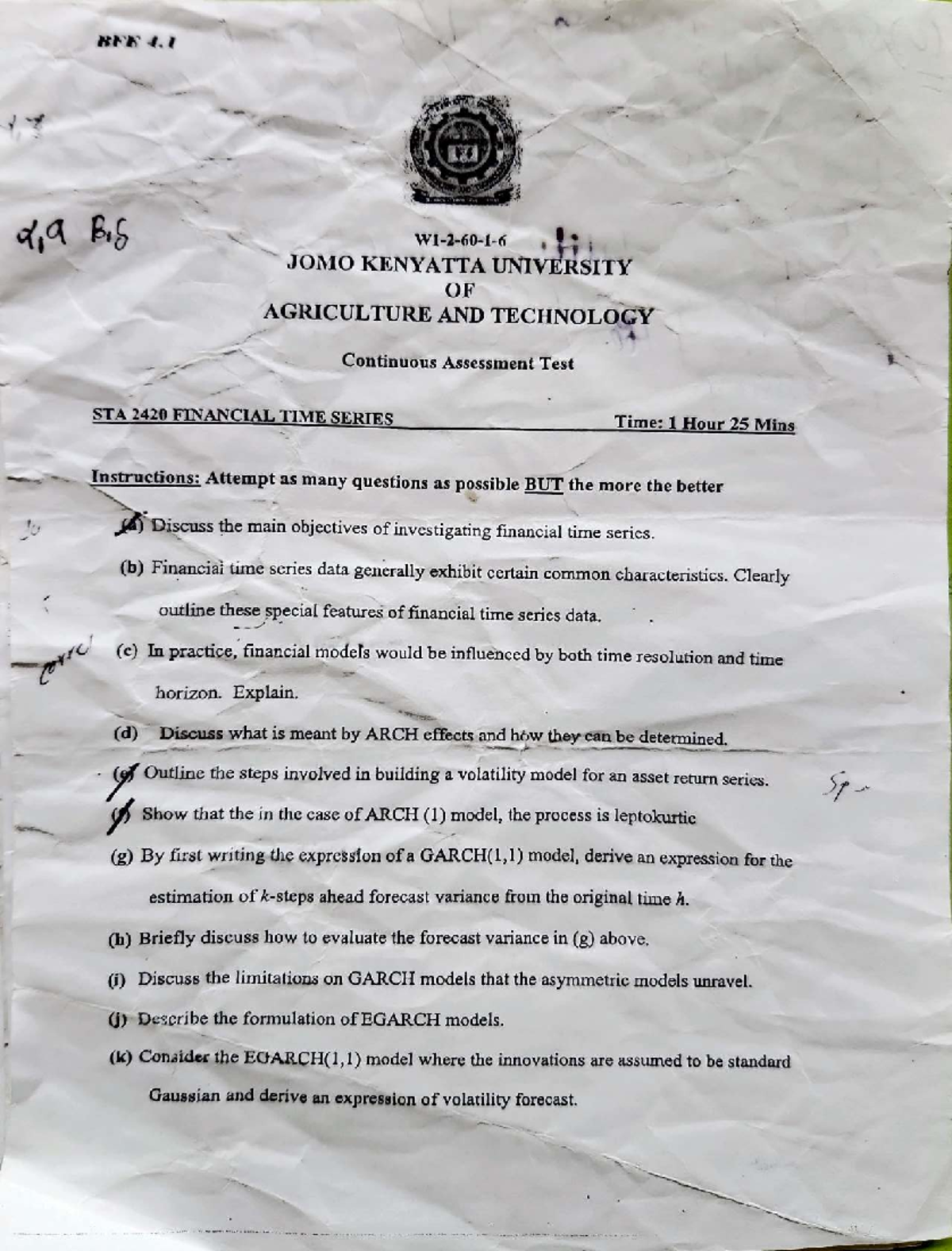 BFF 4.1 STA 2420 Continuous Assessment Test on Financial Time Series ...