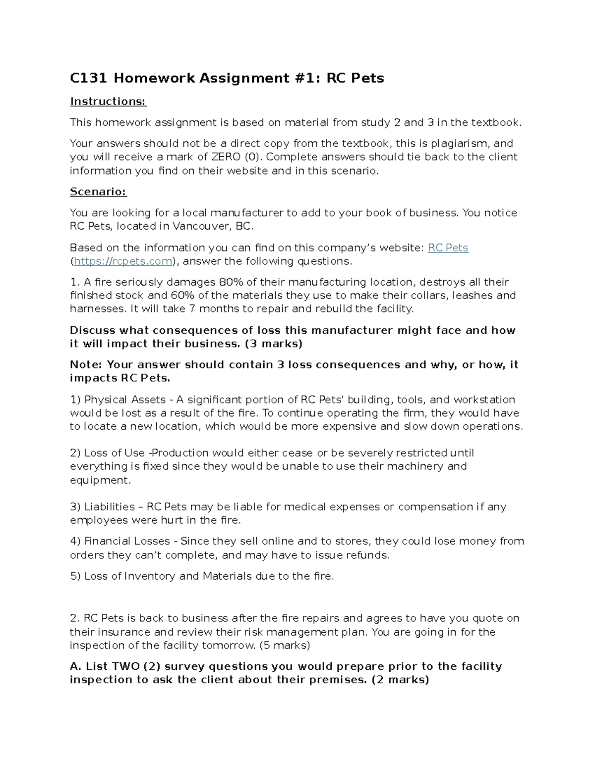 C131 Homework Assignment 1: Analyzing RC Pets' Fire Impact - Studocu