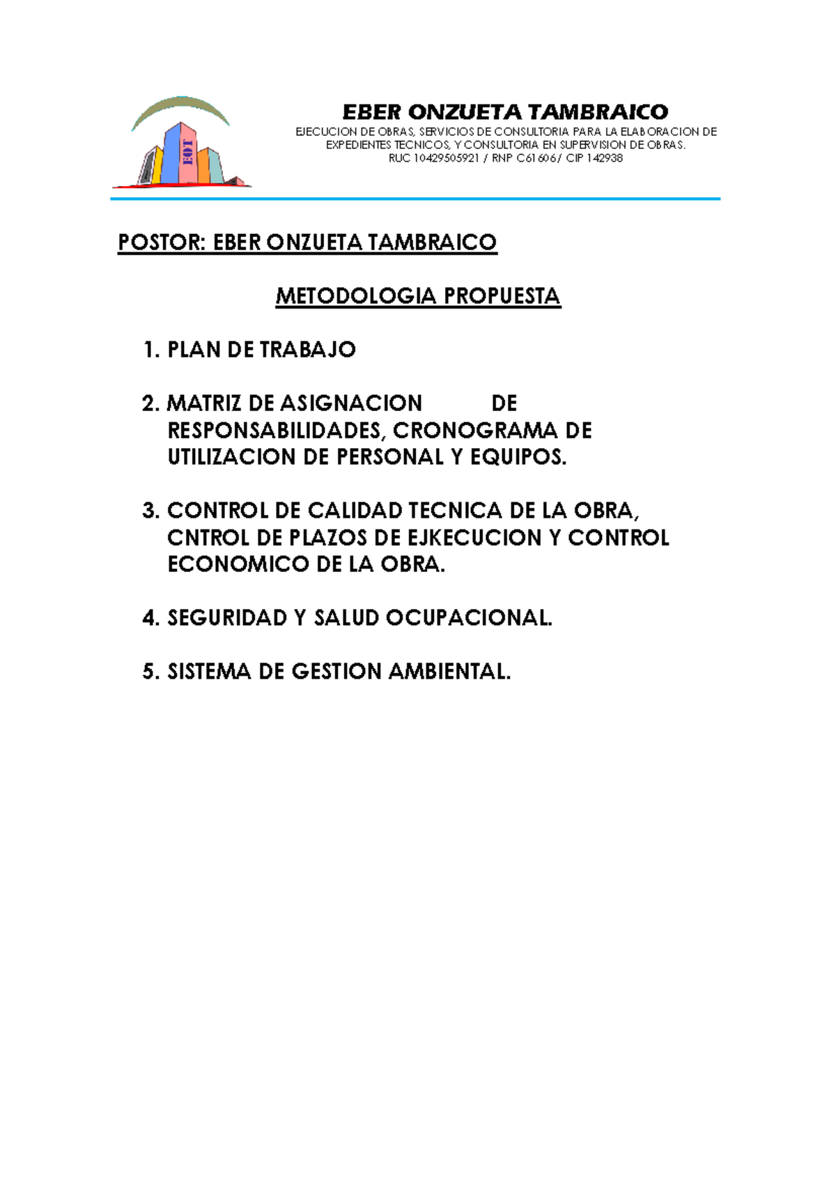 Metodología Propuesta para Ejecución de Obras y Consultoría - RUC 10429505921 - Document Preview
