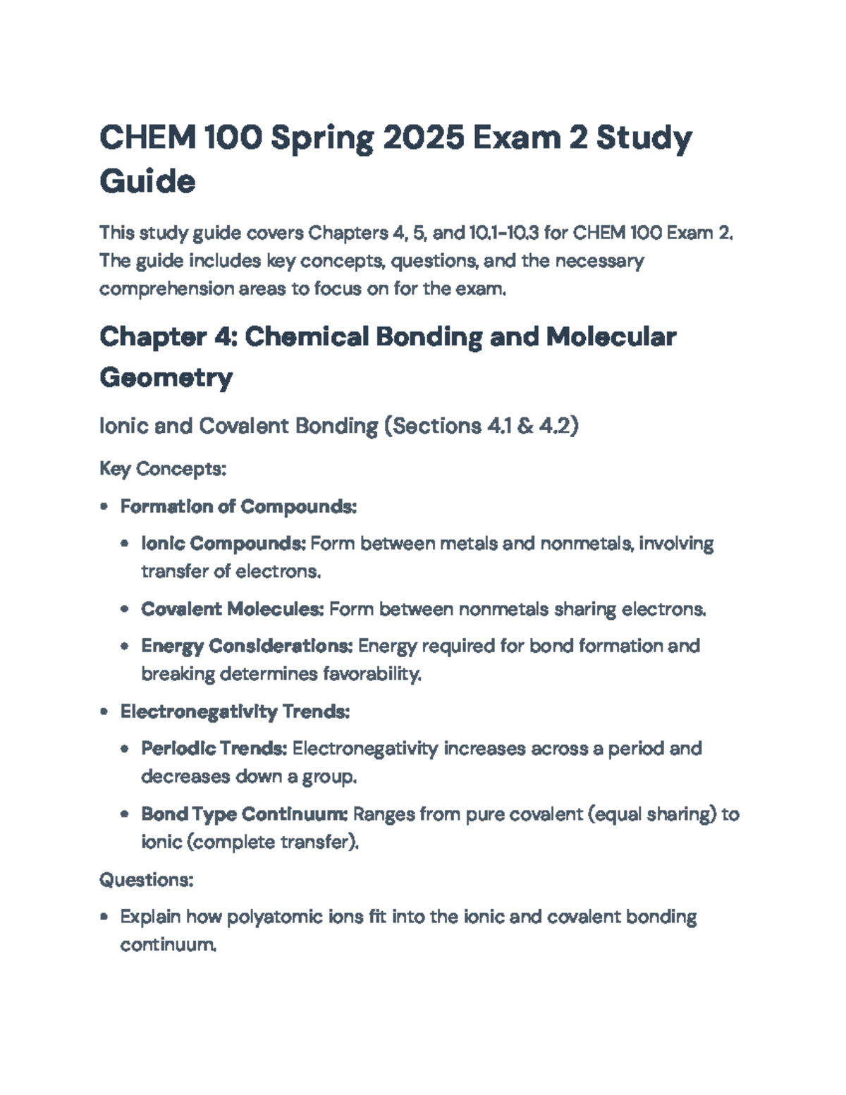 CHEM 100 Spring 2025 Exam 2 Study Guide: Key Concepts & Practice Qs ...