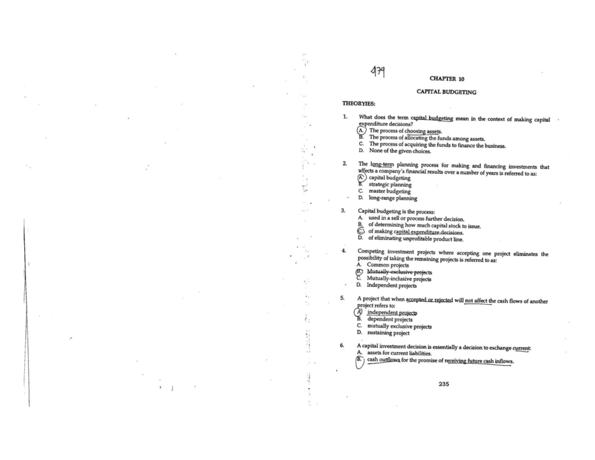 474 CH 10 CAPITAL BUDGETING THEORIES: Key Concepts and Exam Questions ...