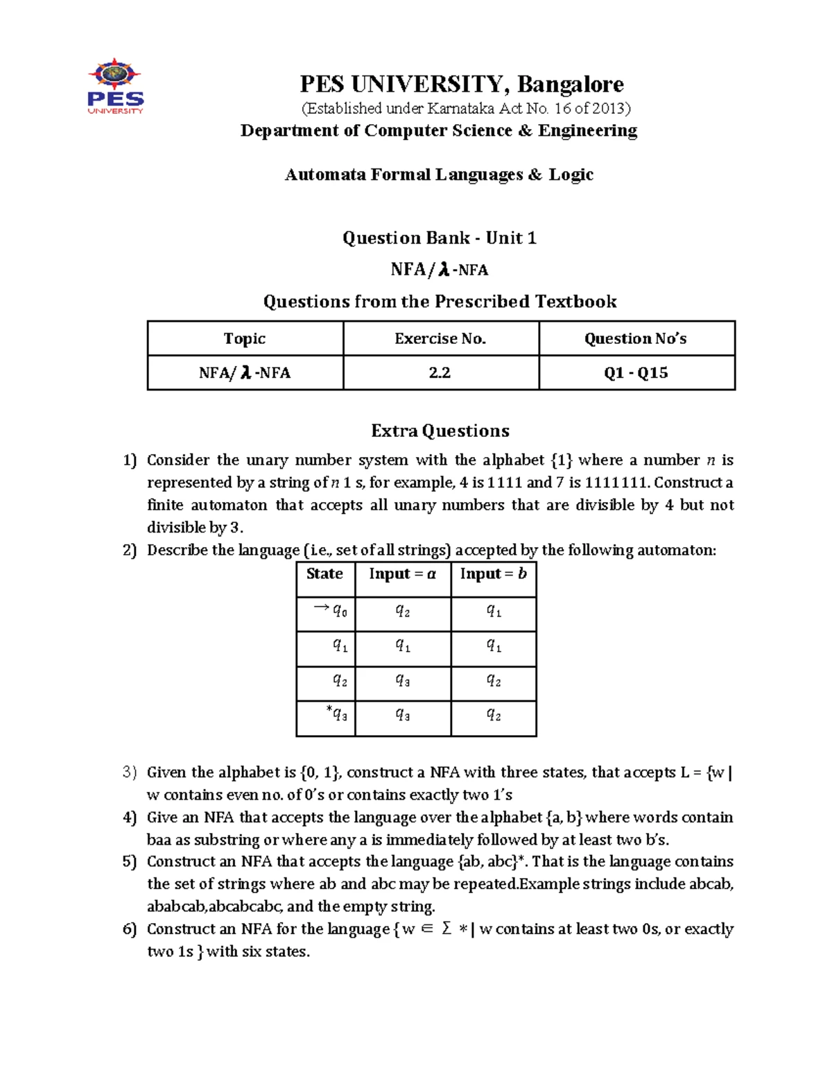 03 DFA - Automata Formal Languages and Logic practice questions for ...