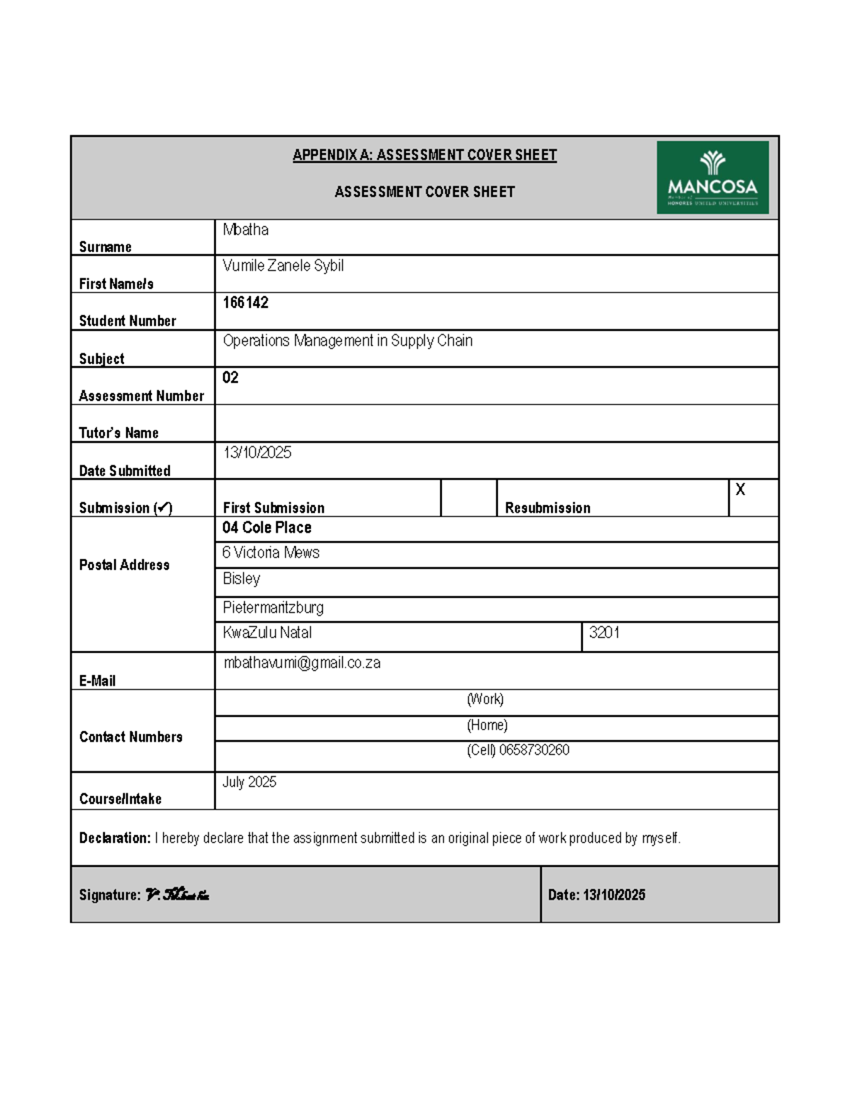 Operations Management in Supply Chain: Assessment Cover Sheet ...