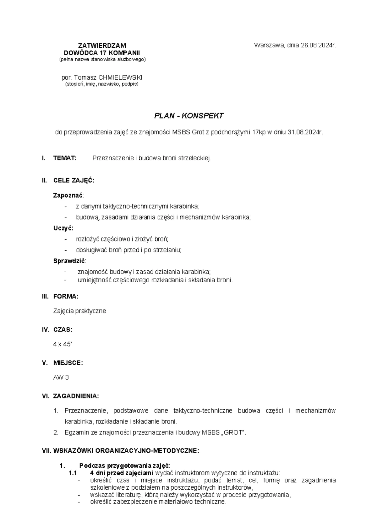 Plan Pracy: Rozkładanie i Składanie 5,56 mm kbk MSBS GROT - Studocu