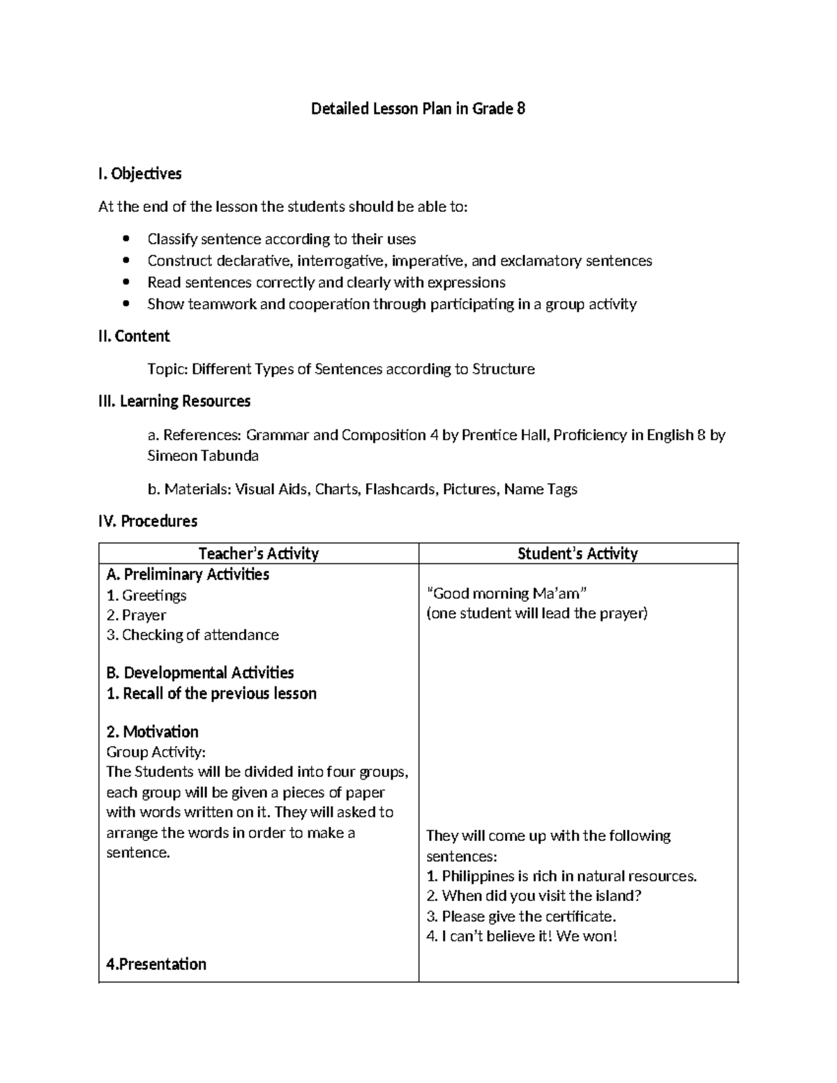Grade 8 Detailed Lesson Plan: Types of Sentences - Studocu