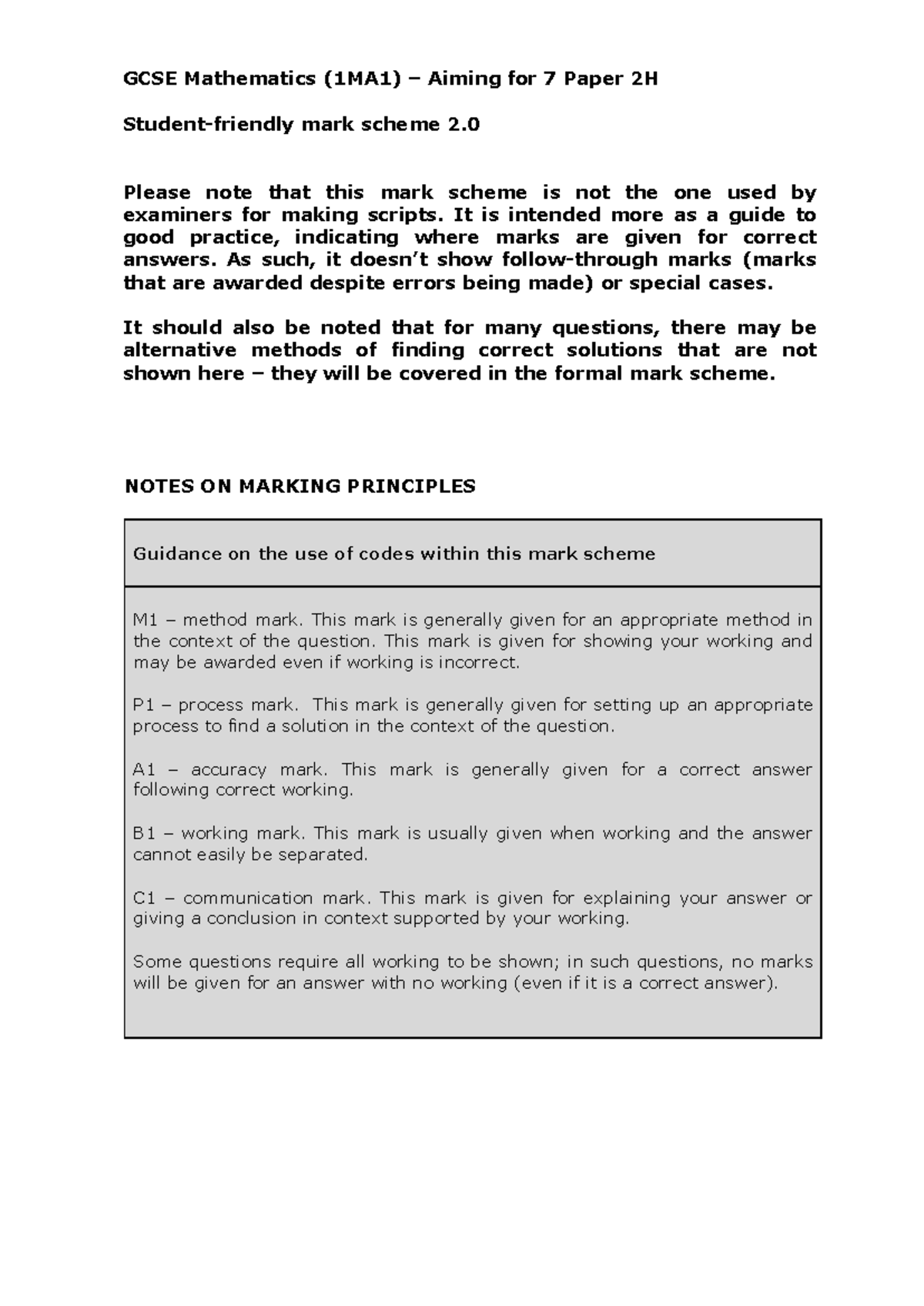 GCSE Mathematics (1MA1) Aiming for 7 Paper 2H Mark Scheme (Set 3) - Studocu