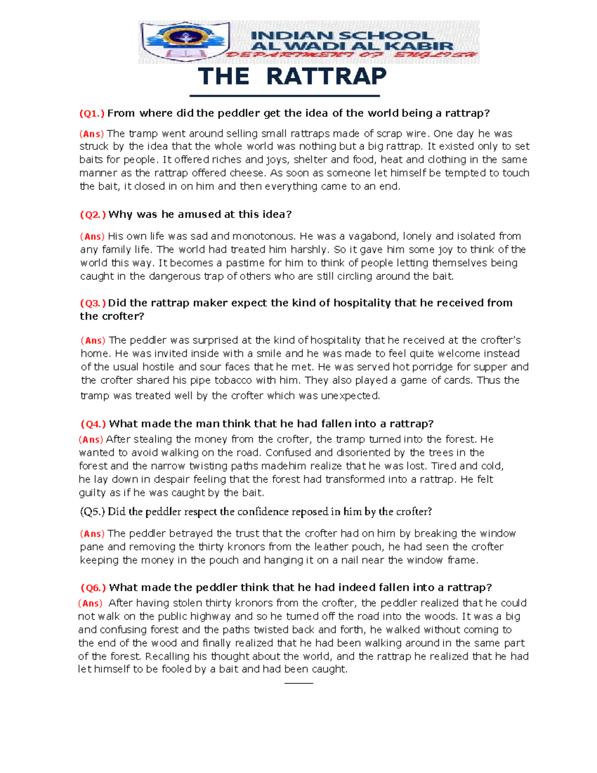 Ratrap - its just raat - THE RATTRAP (Q 1 .) From where did the peddler ...