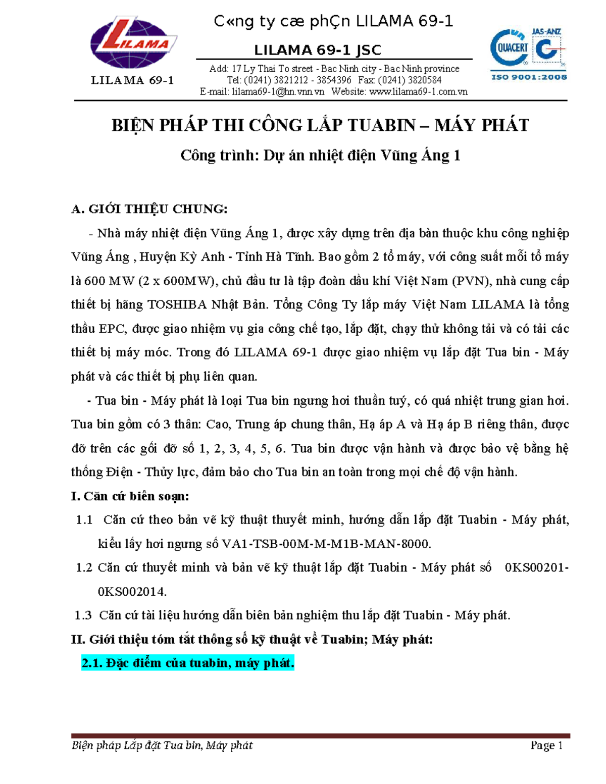 BIỆN PHÁP LẮP ĐẶT TUA BIN - MÁY PHÁT DỰ ÁN VŨNG ÁNG 1 - Document Preview
