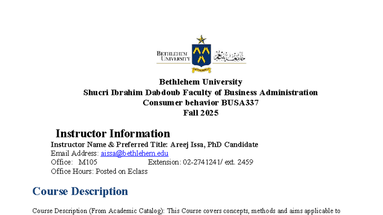 BUSA337 Consumer Behavior Course Syllabus - Fall 2025 - Studocu