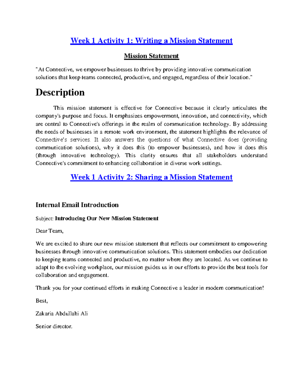 Week 1 Activity 1 - assignment - Week 1 Activity 1: Writing a Mission ...