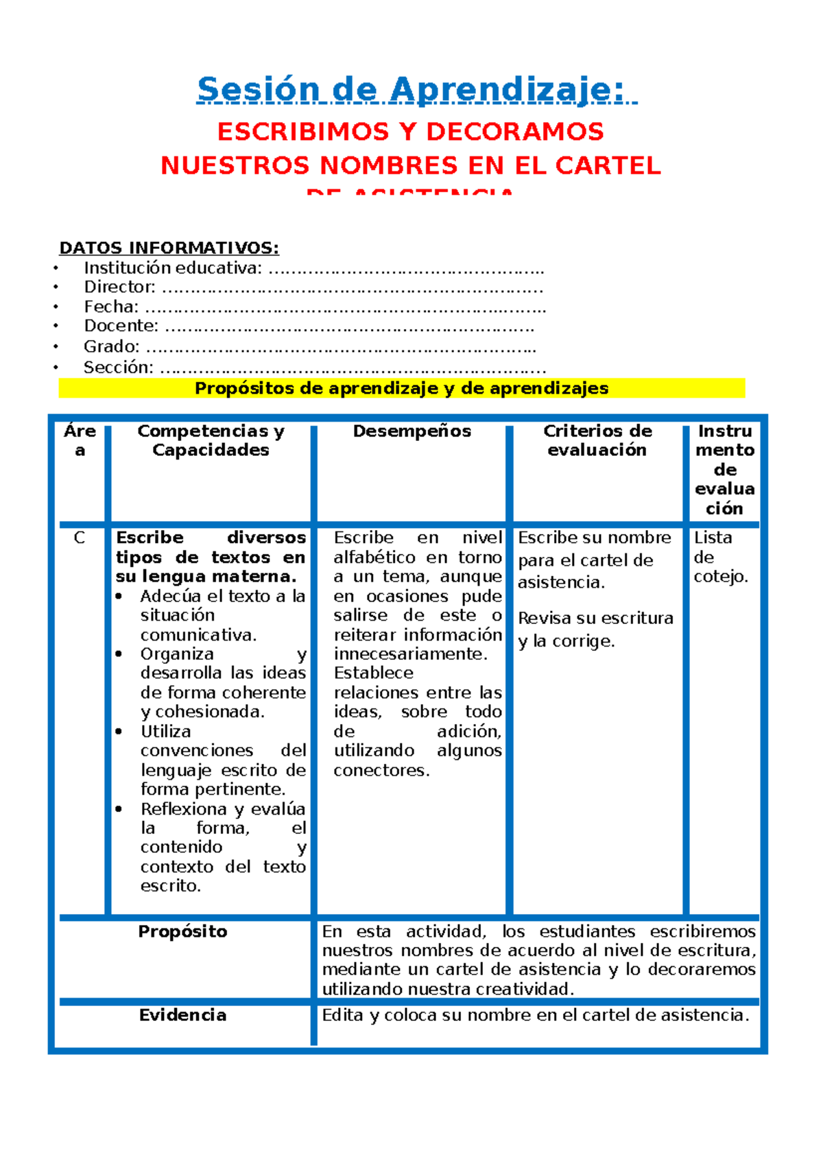 1° sesión de aprendizaje: escribimos y decoramos nuestros nombres en el ...