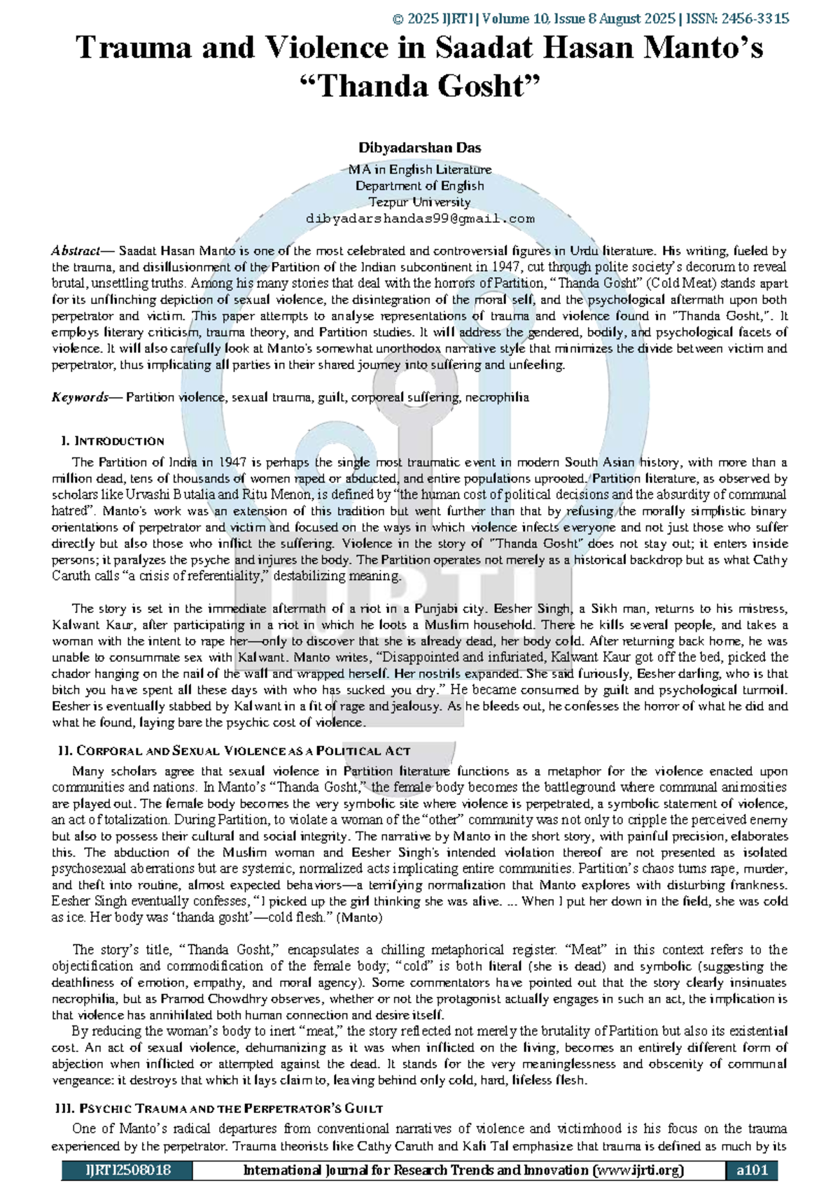 IJRTI 2508018 - Trauma and Violence in Manto's Partition Literature ...