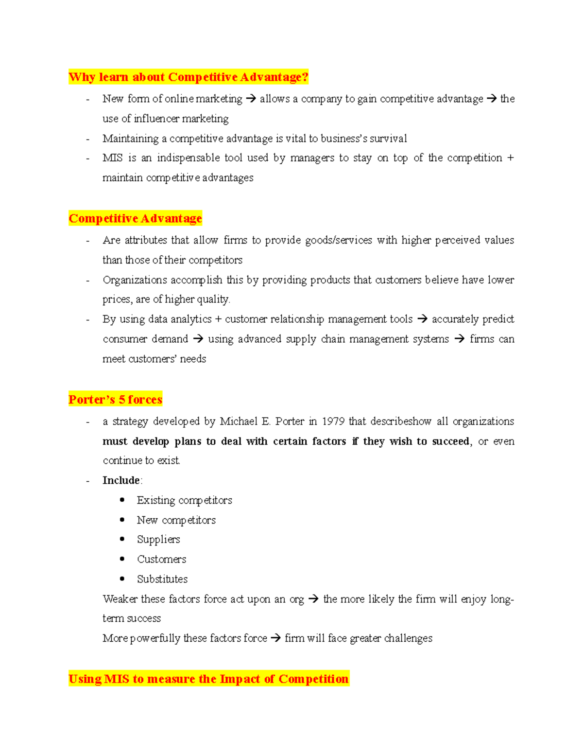 MIS200 - Week 2 Notes on Competitive Advantage and Strategies - Studocu