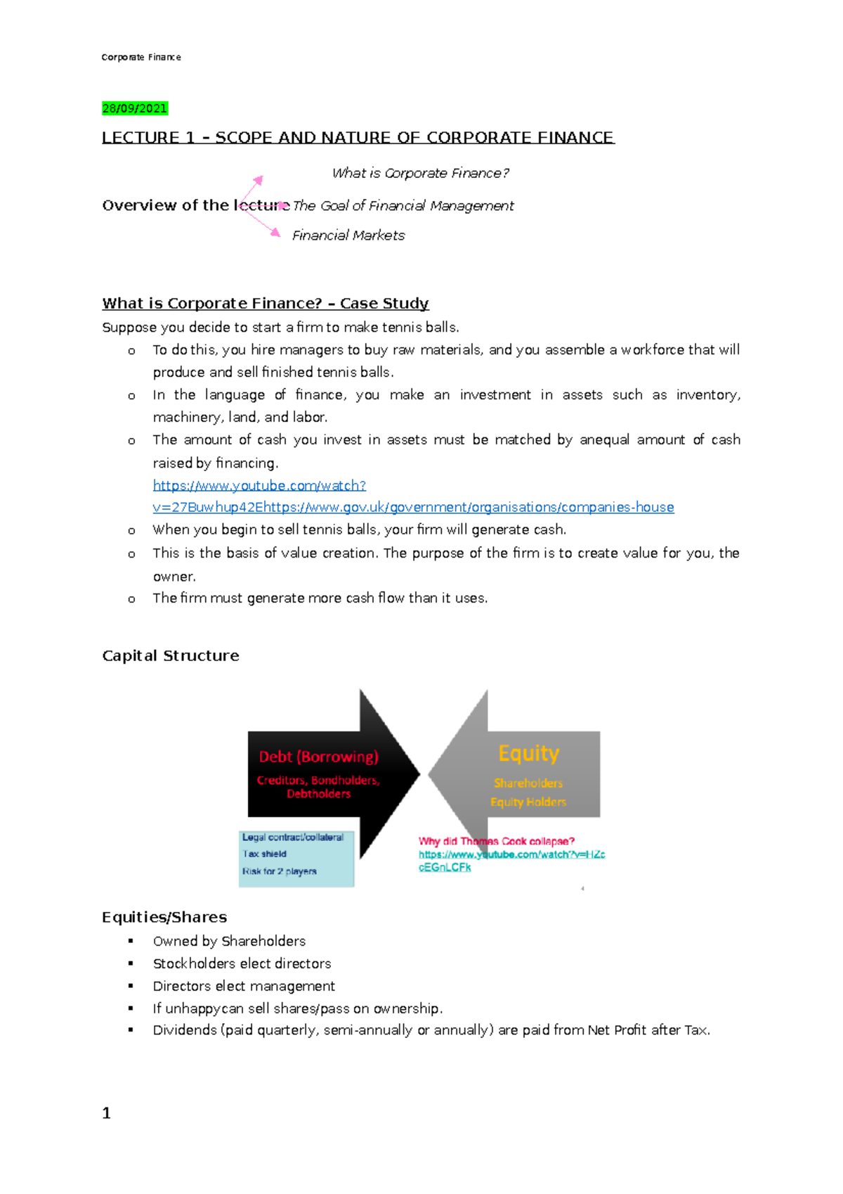 Corporate Finance - lecture notes - 28/09/ LECTURE 1 – SCOPE AND NATURE ...