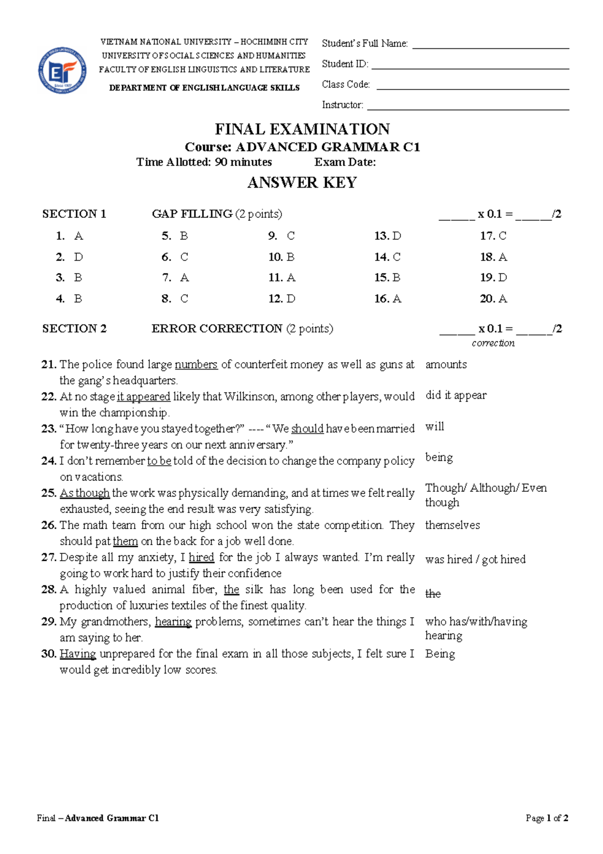 FINAL EXAM ANSWER KEY: ADVANCED GRAMMAR C1 - Studocu