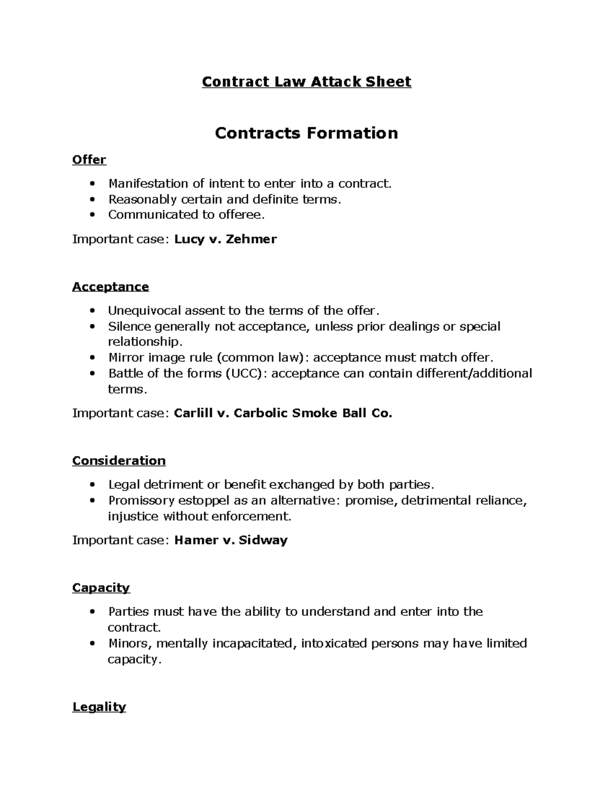 Contract Law Attack Sheet: Key Concepts & Important Cases - Studocu
