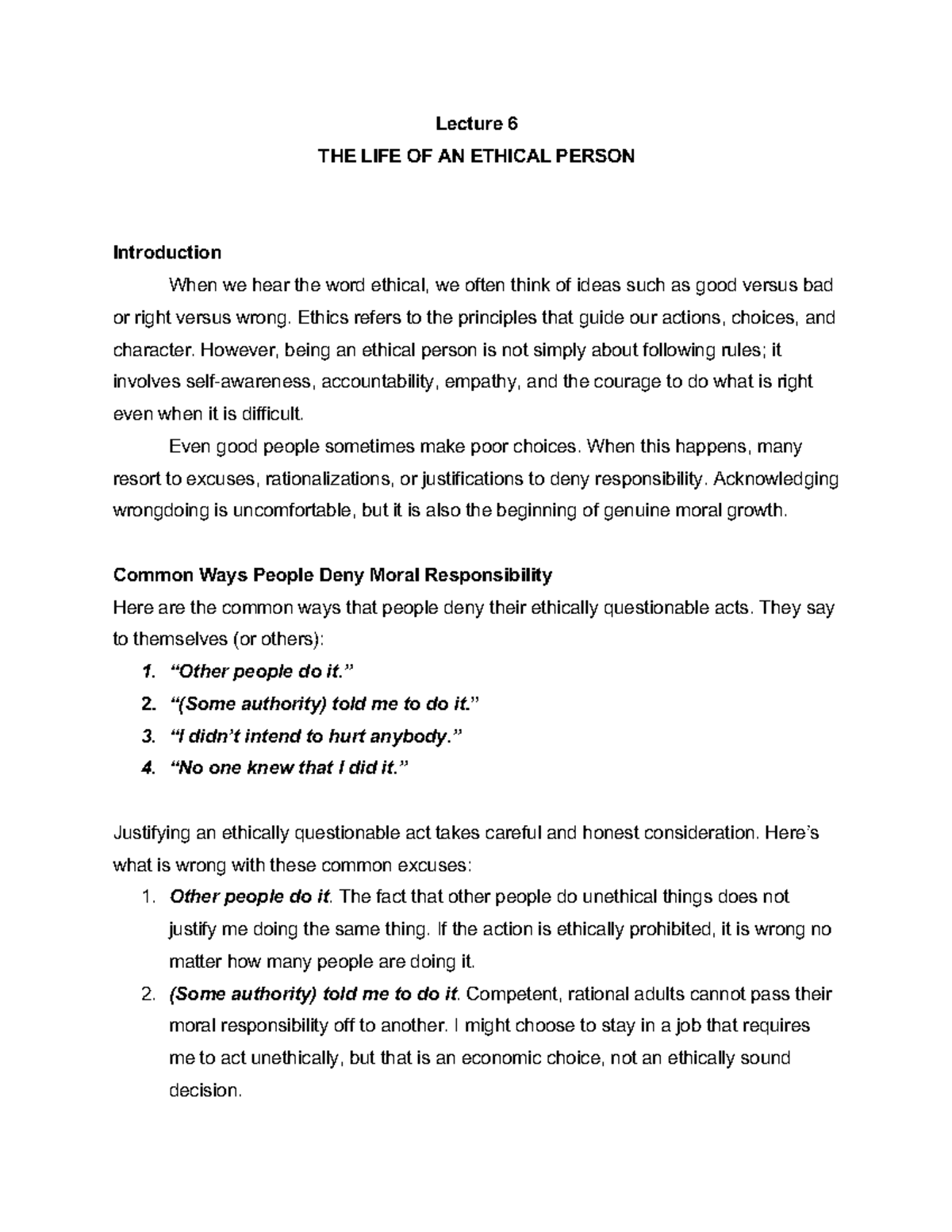 Lecture 6: The Life of an Ethical Person - Understanding Ethics - Studocu