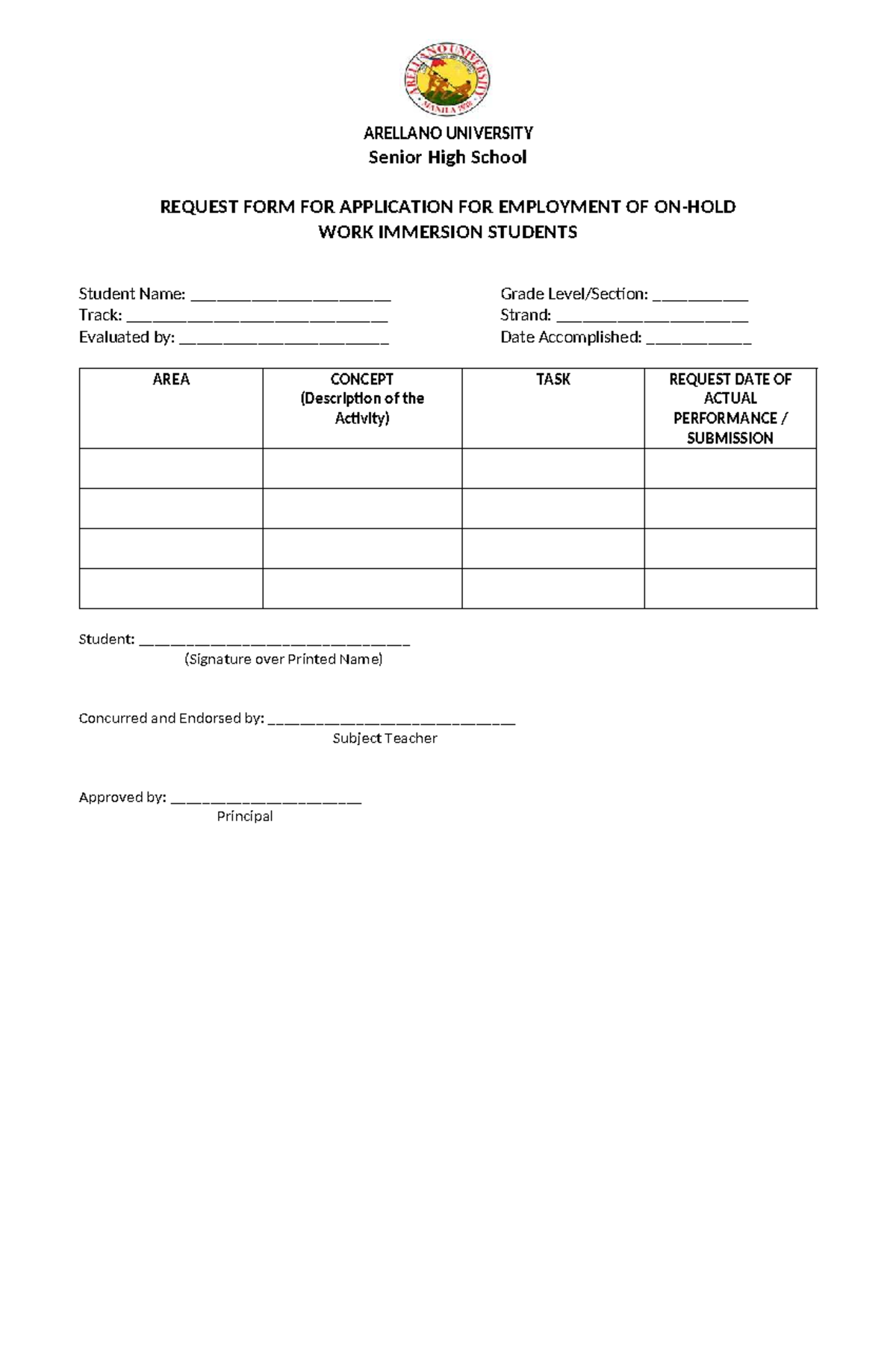 ARELLANO UNIVERSITY Senior High School Work Immersion Request Form ...