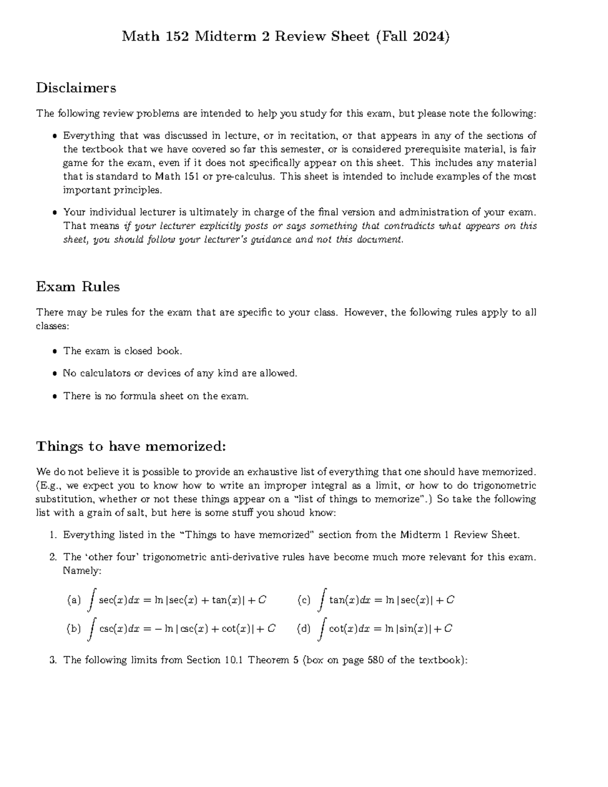 Math 152 Midterm 2 Review Sheet (Fall 2024) - Studocu