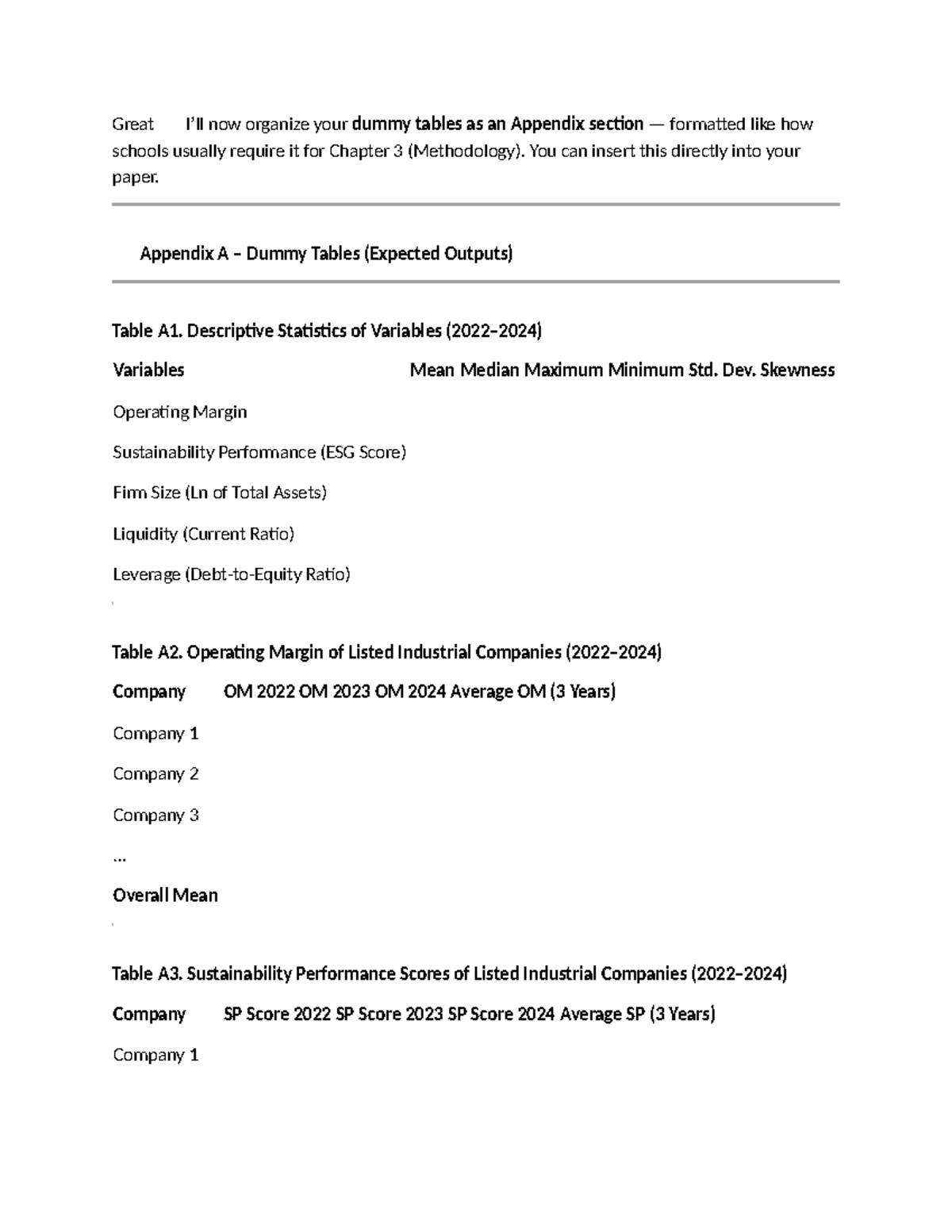 Appendix A: Dummy Tables for Chapter 3 (Methodology) - Studocu
