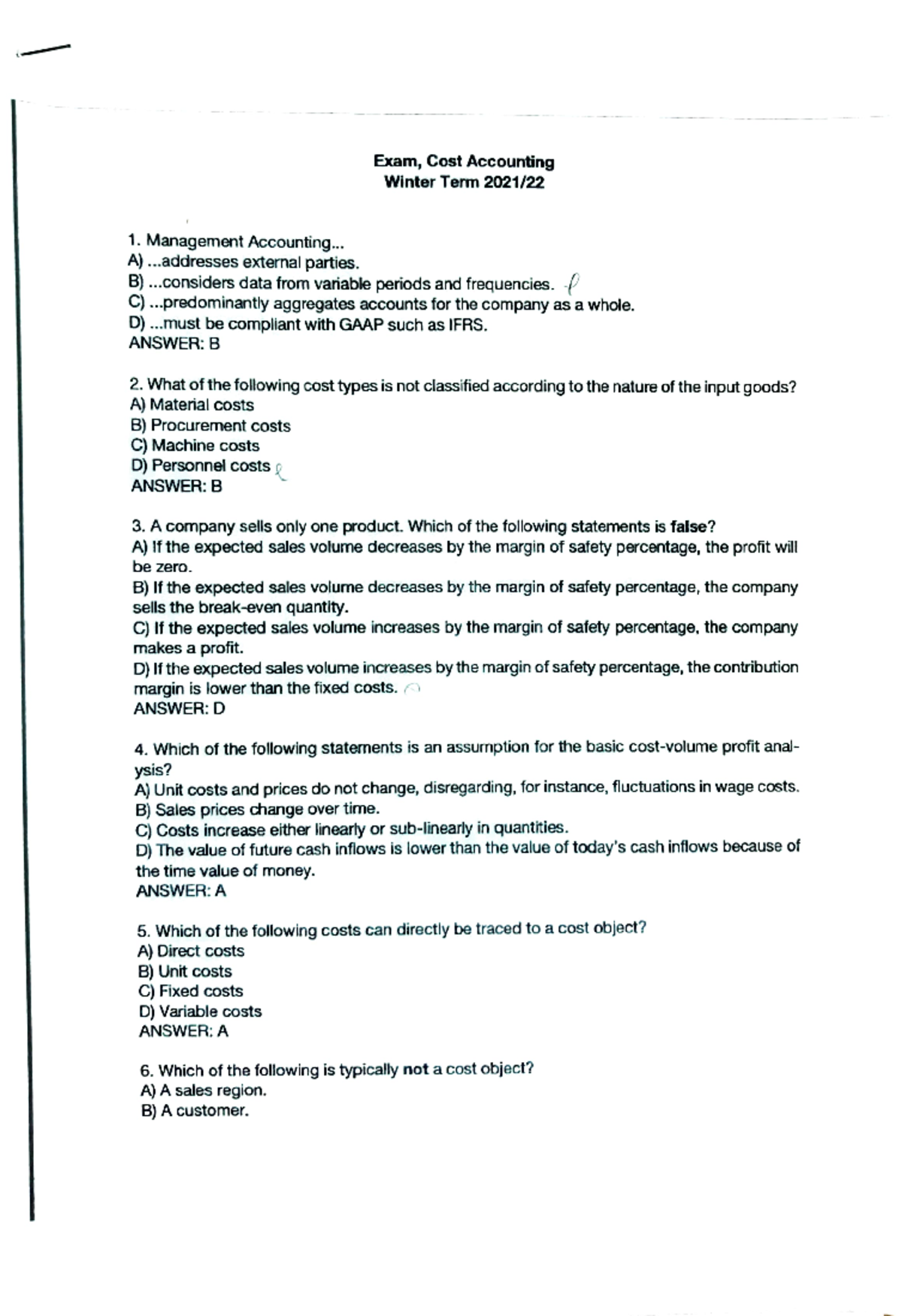 Exam 22 Feb 2023 - Answers - Exam, Cost Accounting Winter Term 2021/ 1 ...