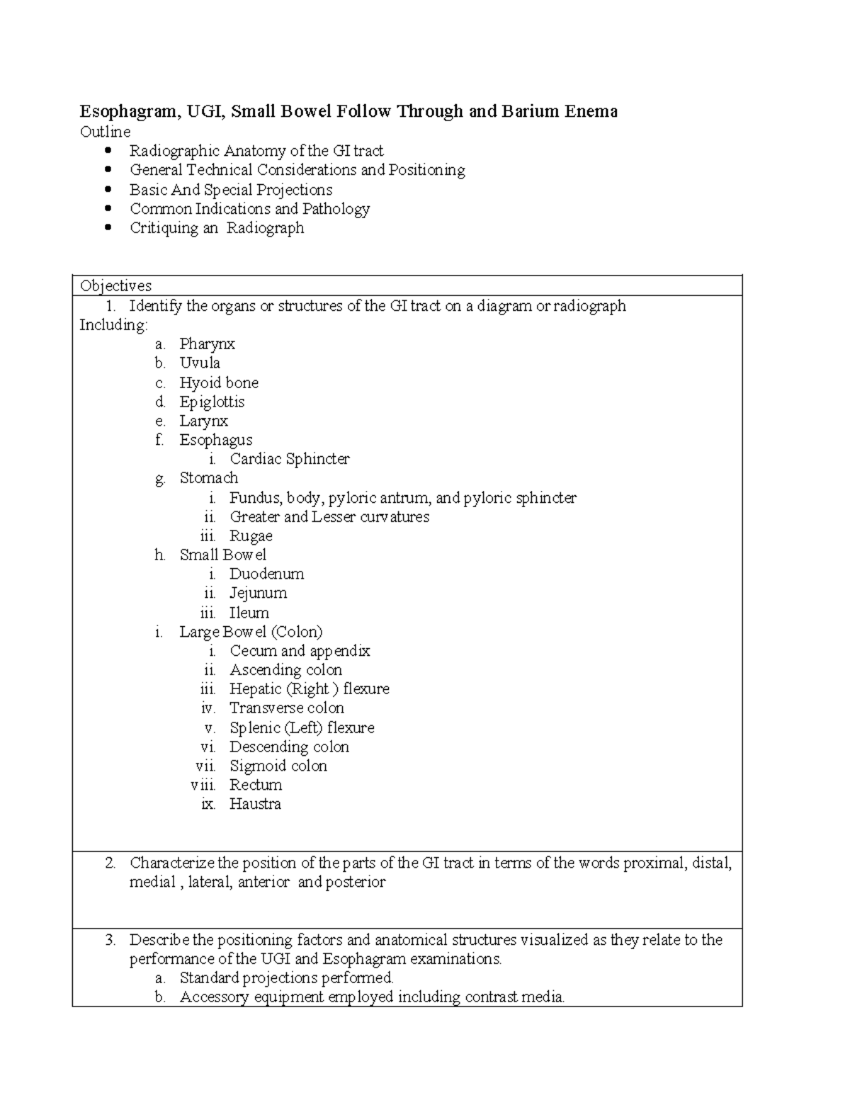 Objectives for GI Radiography (RAD 101): Anatomy & Techniques - Studocu