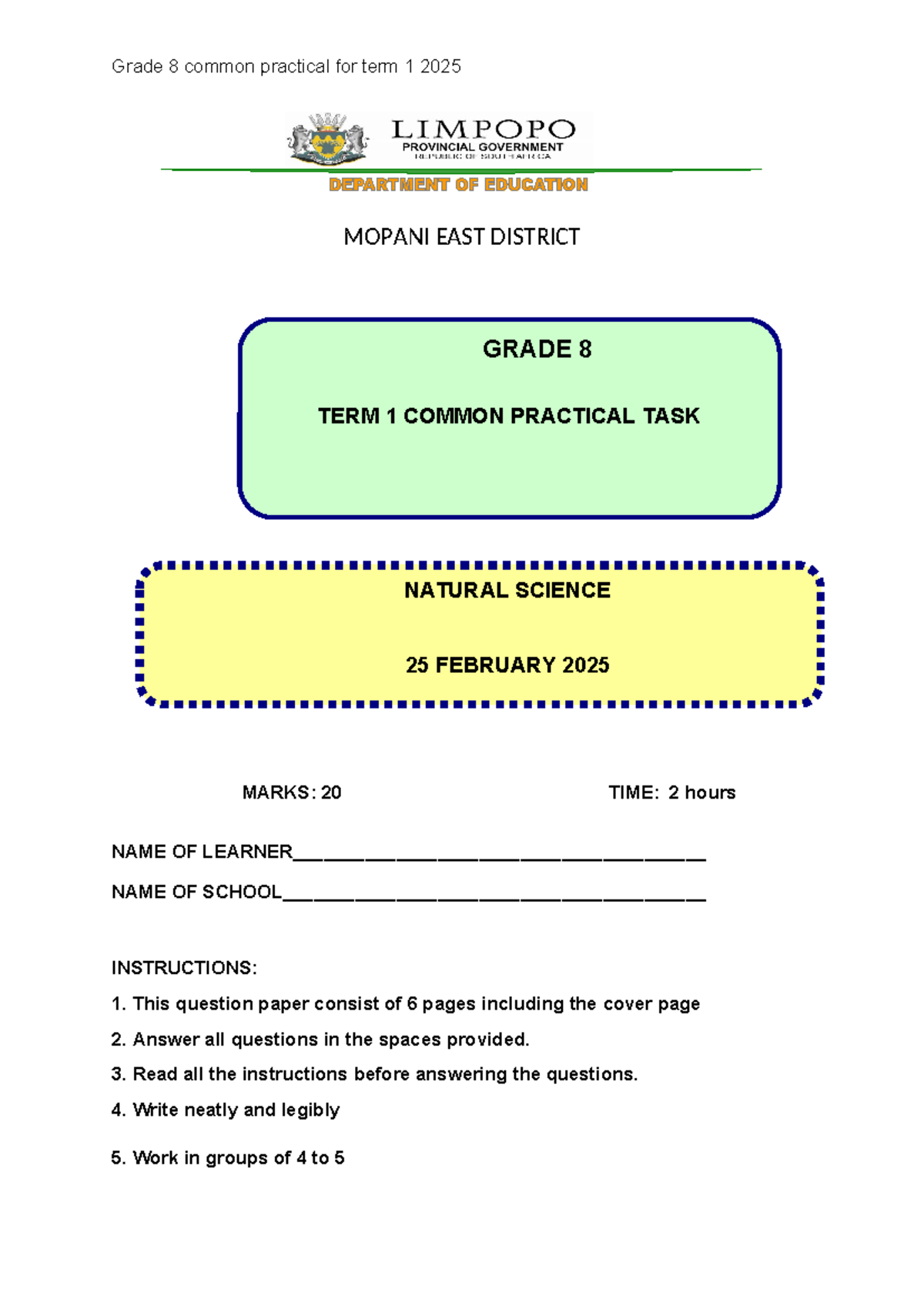 Grade 8 TERM 1 Common Practical Task on Photosynthesis 2025 - Studocu