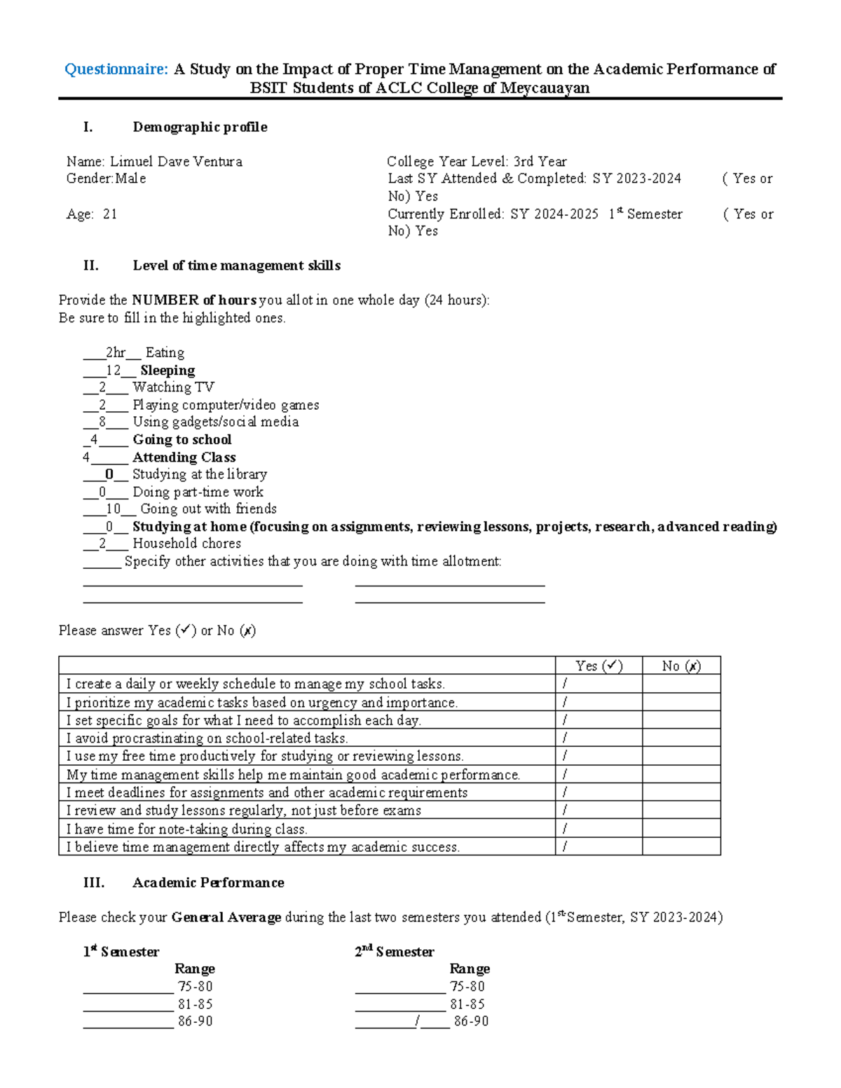 Questionnaire BSIT-Time-Management - Questionnaire: A Study on the ...