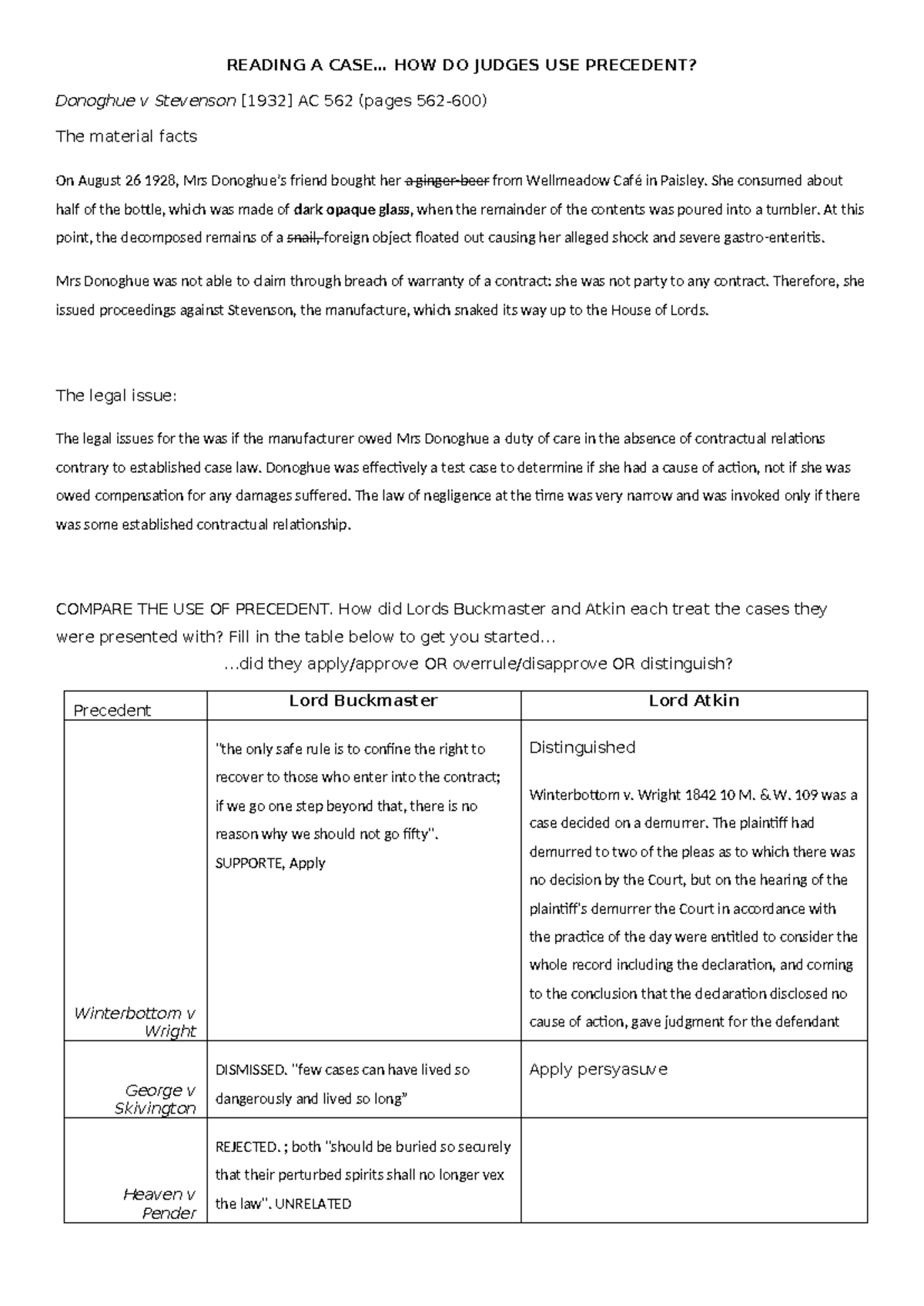 Week 8 Case Study: Analyzing Donoghue v Stevenson and Precedent - Studocu