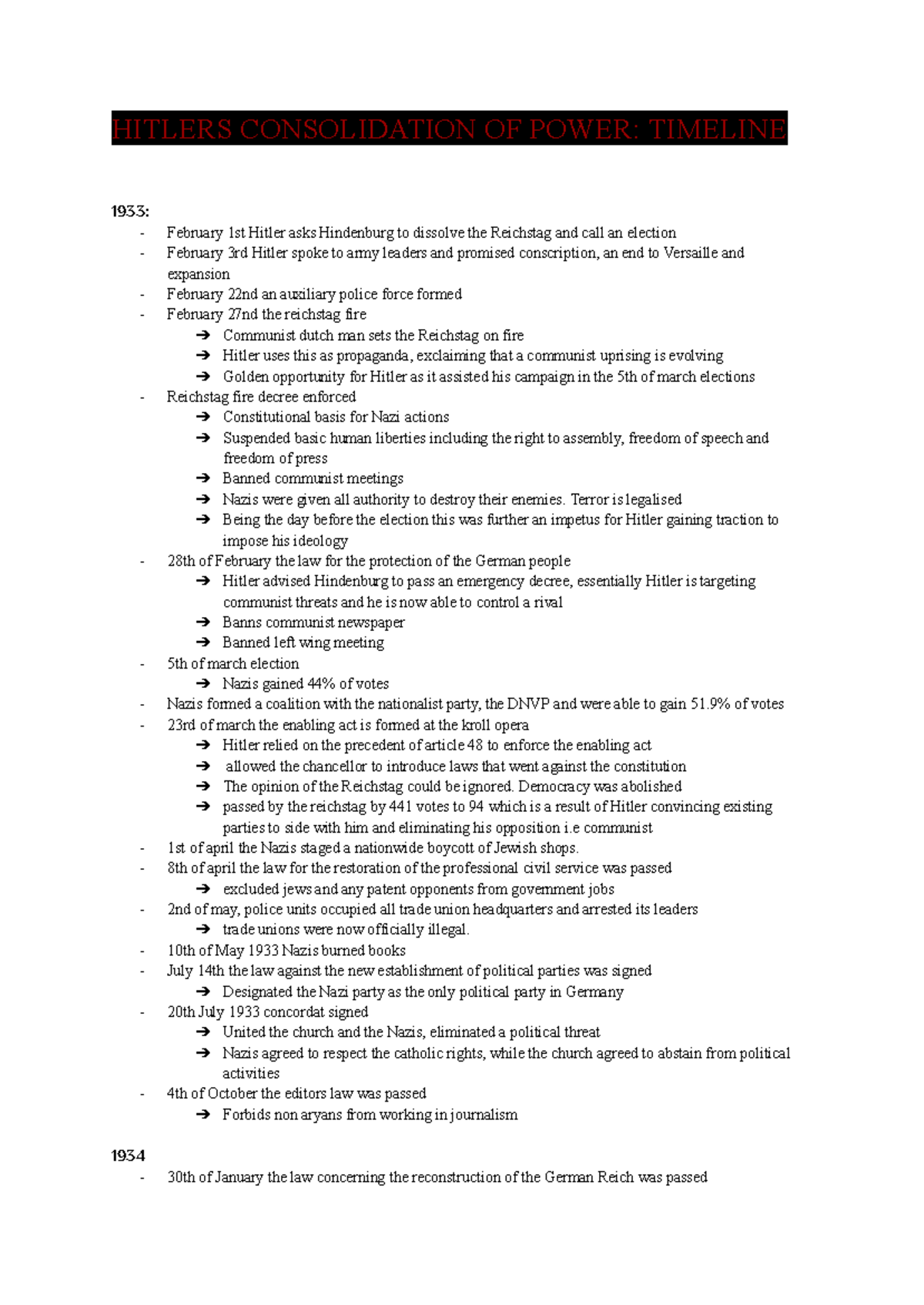 HIT 101: Hitler's consolidation of power timeline (1933-1934) - Studocu