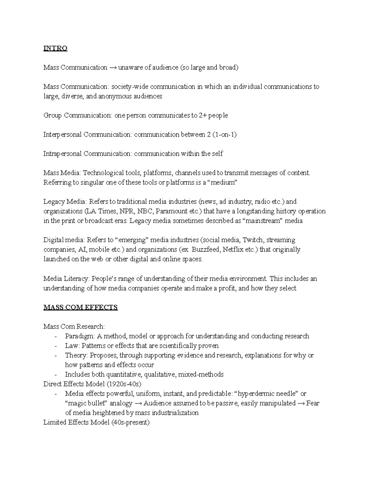 Communications 101: Comprehensive Notes on Mass Media Theories - Studocu