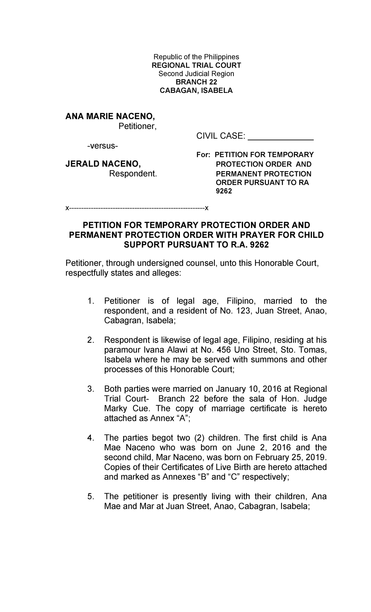 TPO Civil Case: Petition for Temp & Perm Protection Order under RA 9262 ...