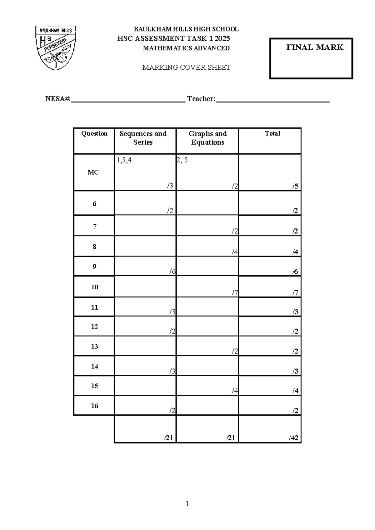 H1 Adv 2025 HSC Final Exam Mathematics Advanced Assessment Task - Studocu