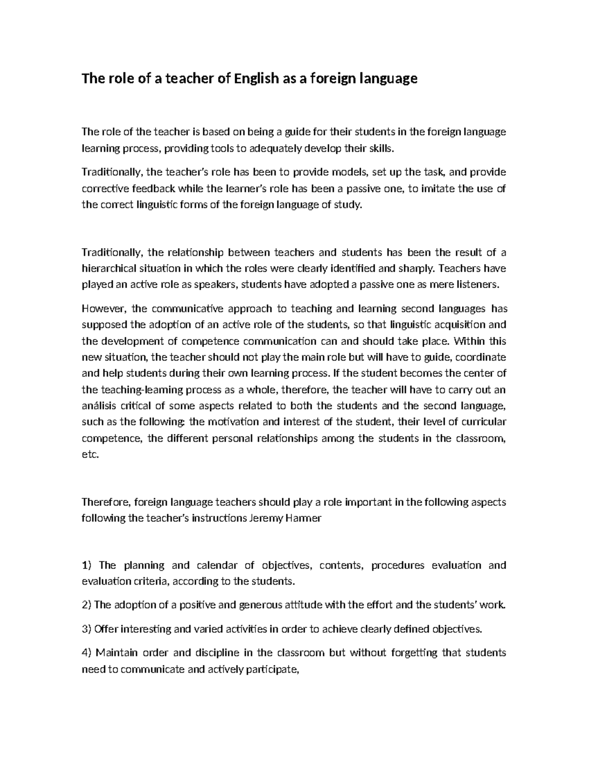 The role of a teacher of English as a foreign language - Traditionally ...