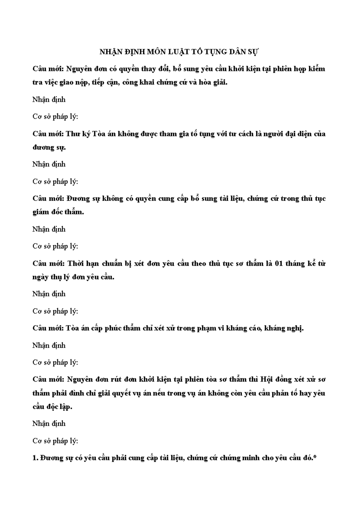 Nhận định Luật Tố Tụng Dân Sự - Câu Hỏi và Giải Thích (Môn LTDS) - Document Preview
