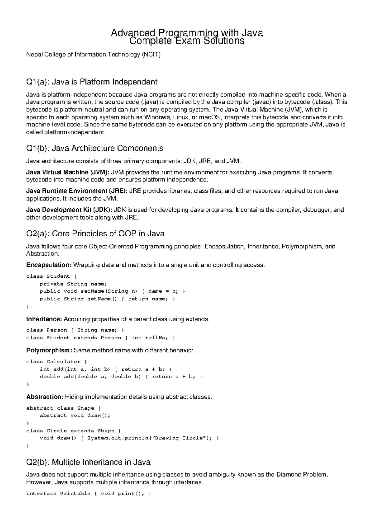 Advanced Programming with Java Full Exam Solutions NCIT - Studocu