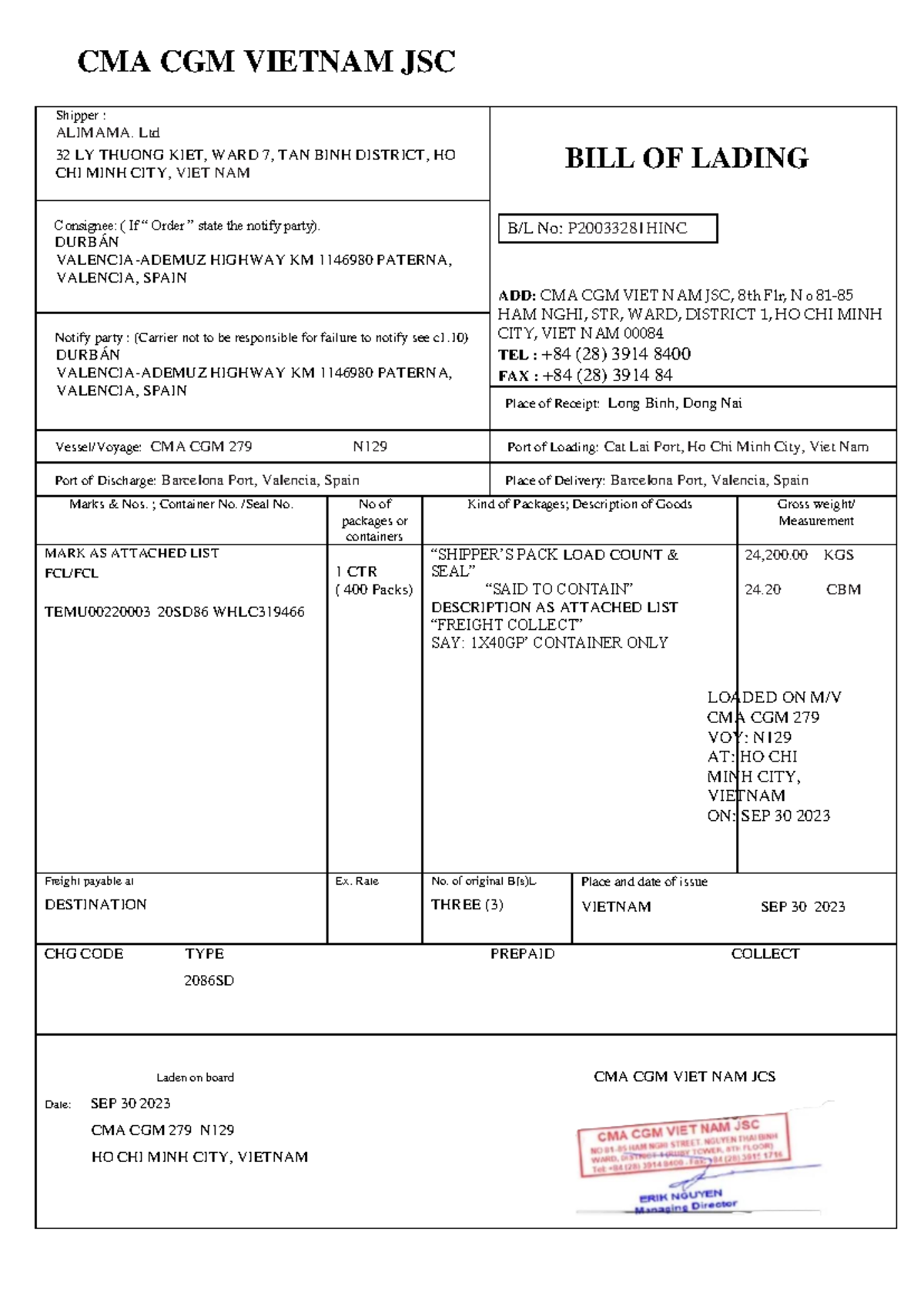 Bill of Lading Document - CMA CGM Vietnam - B/L No: P20033281HINC - Studocu