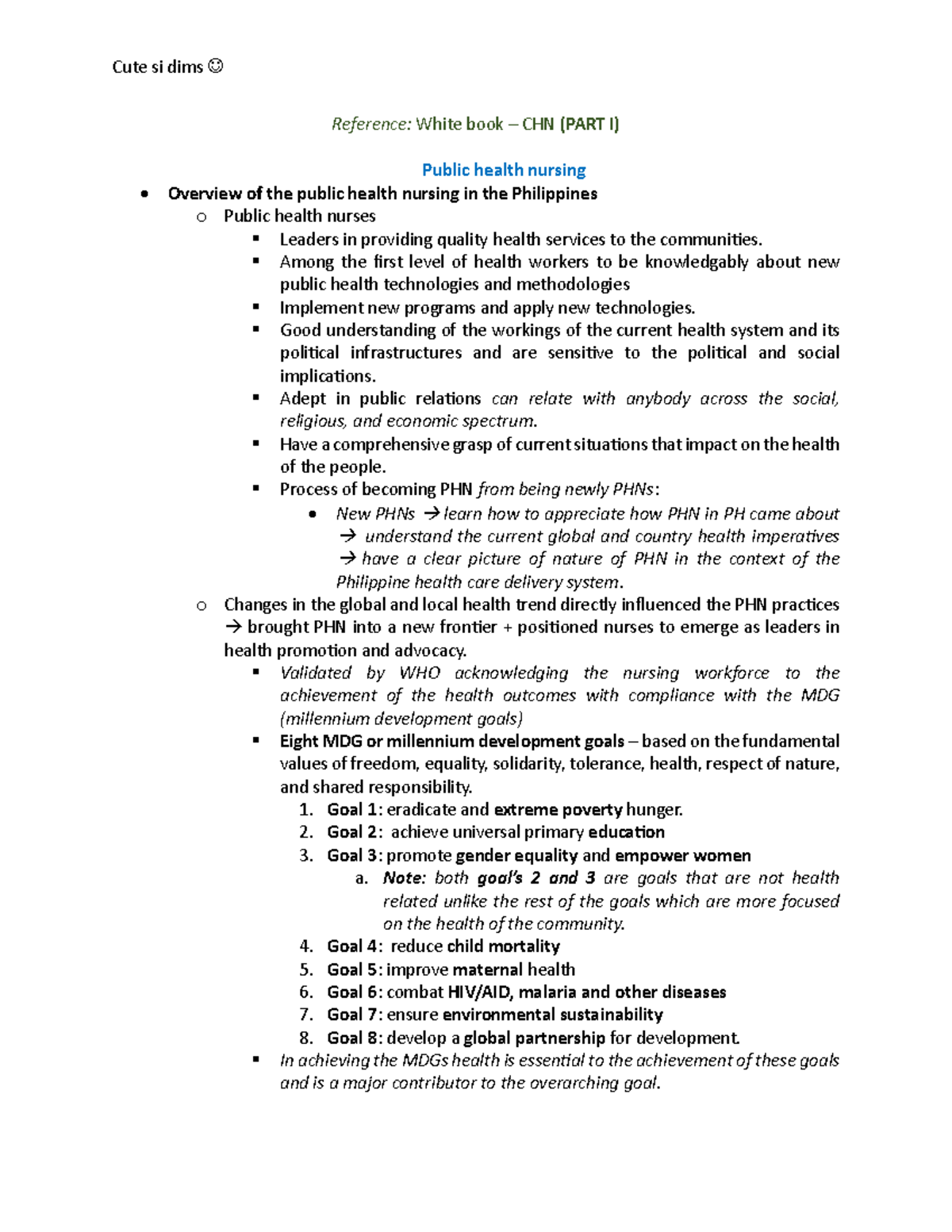 CHN - Public Health Nursing Overview and MDGs (PART I) - Studocu