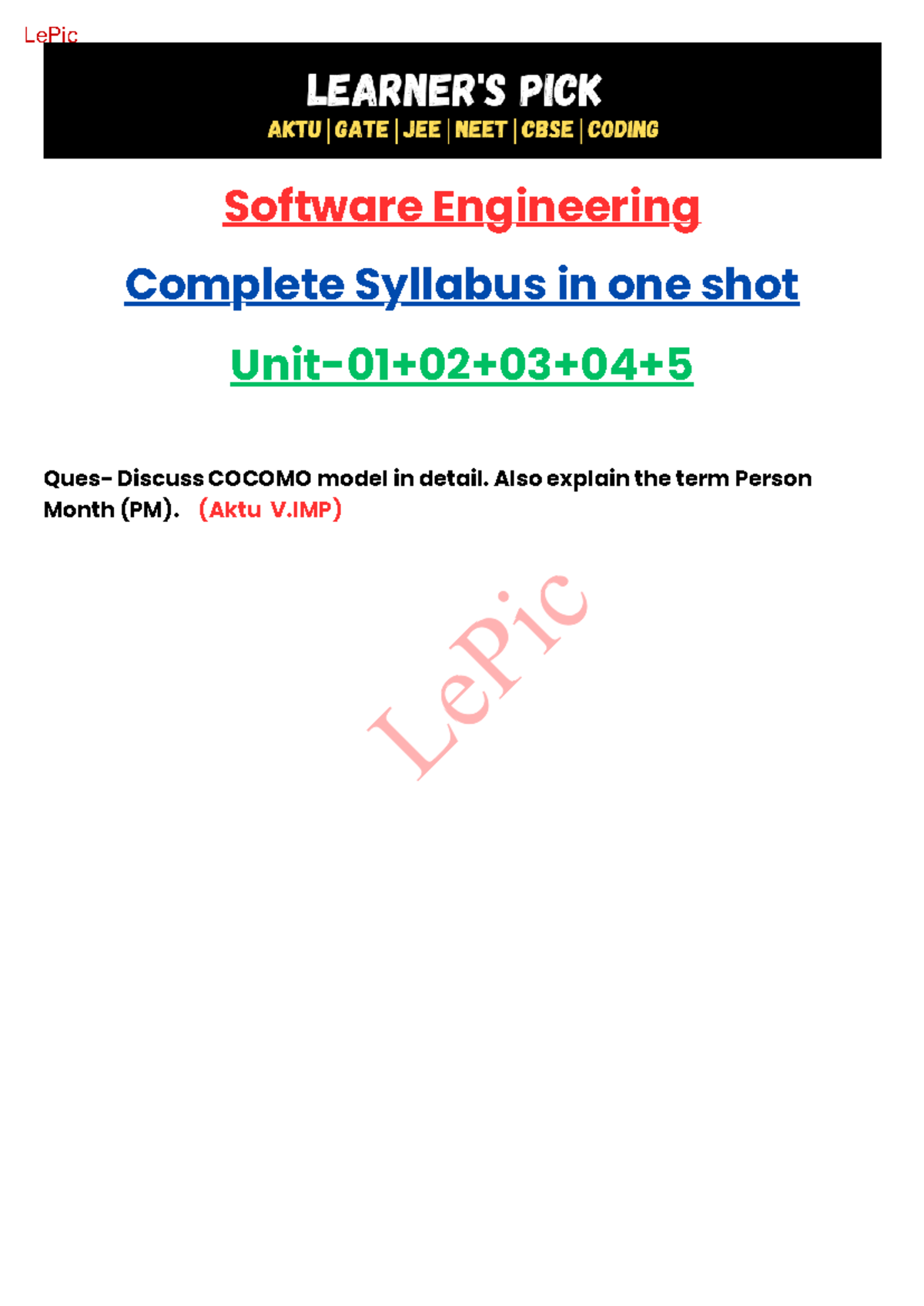 Software Engg. (Aktu) Complete One Shot Notes on COCOMO & Risk ...