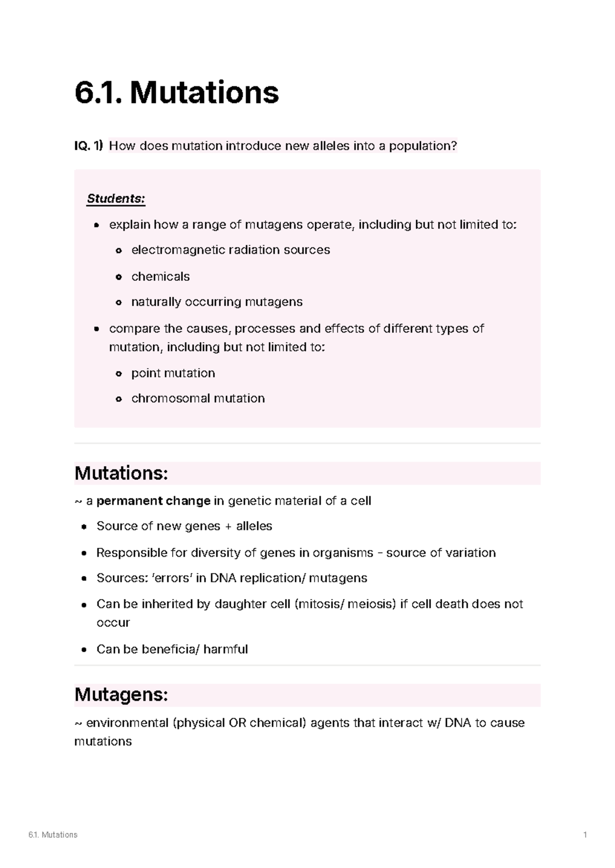 Biology - 6.1. mutations - 6. Mutations IQ. 1 How does mutation ...