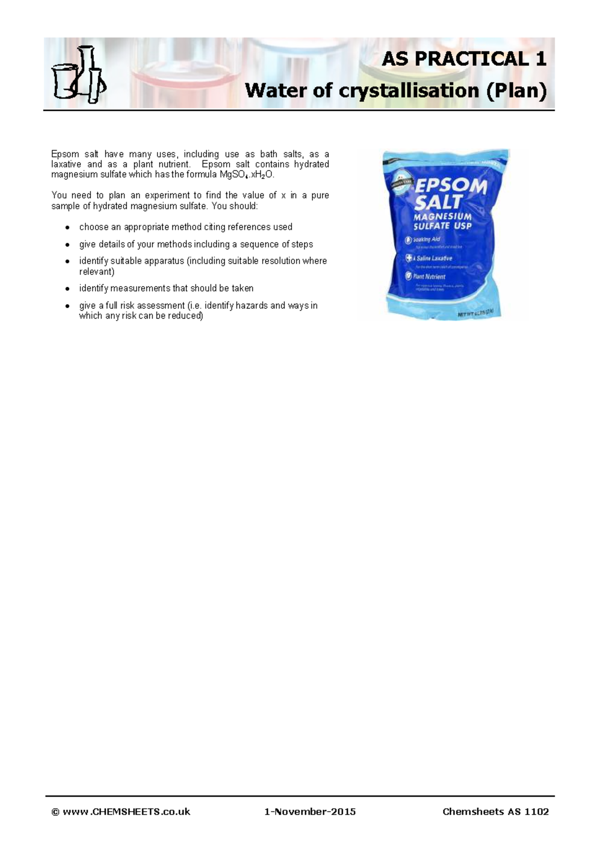 Chemsheets AS 1102: Practical 1 - Water of Crystallisation Experiment ...