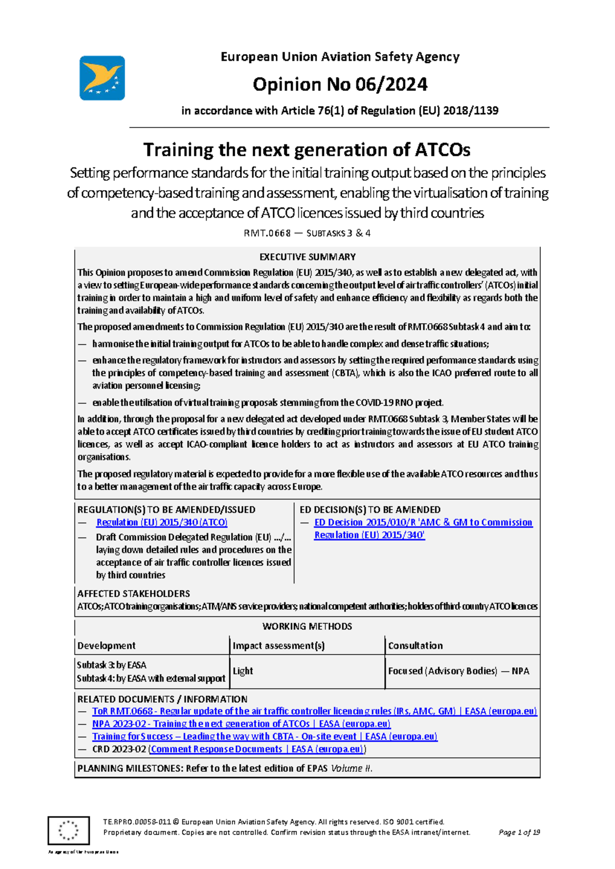 EASA Opinion No. 06-2024: Enhancing ATCO Training Standards and ...
