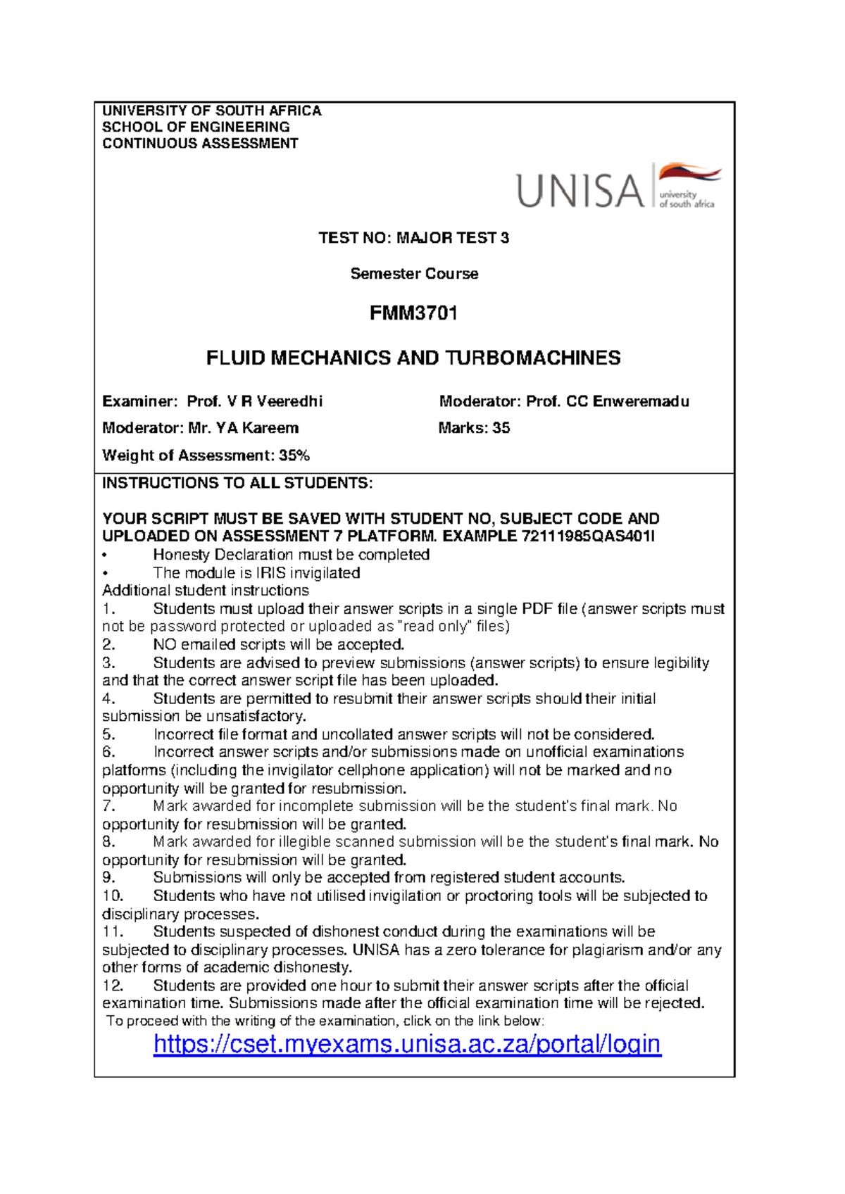 FMM Major Test 3 - Fluid Mechanics and Turbomachines Exam Prep - Studocu