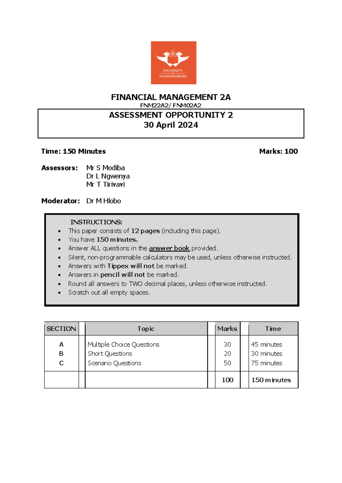 FIN 2A Assessment Opportunity 2 - Financial Management 2024 Exam Guide ...