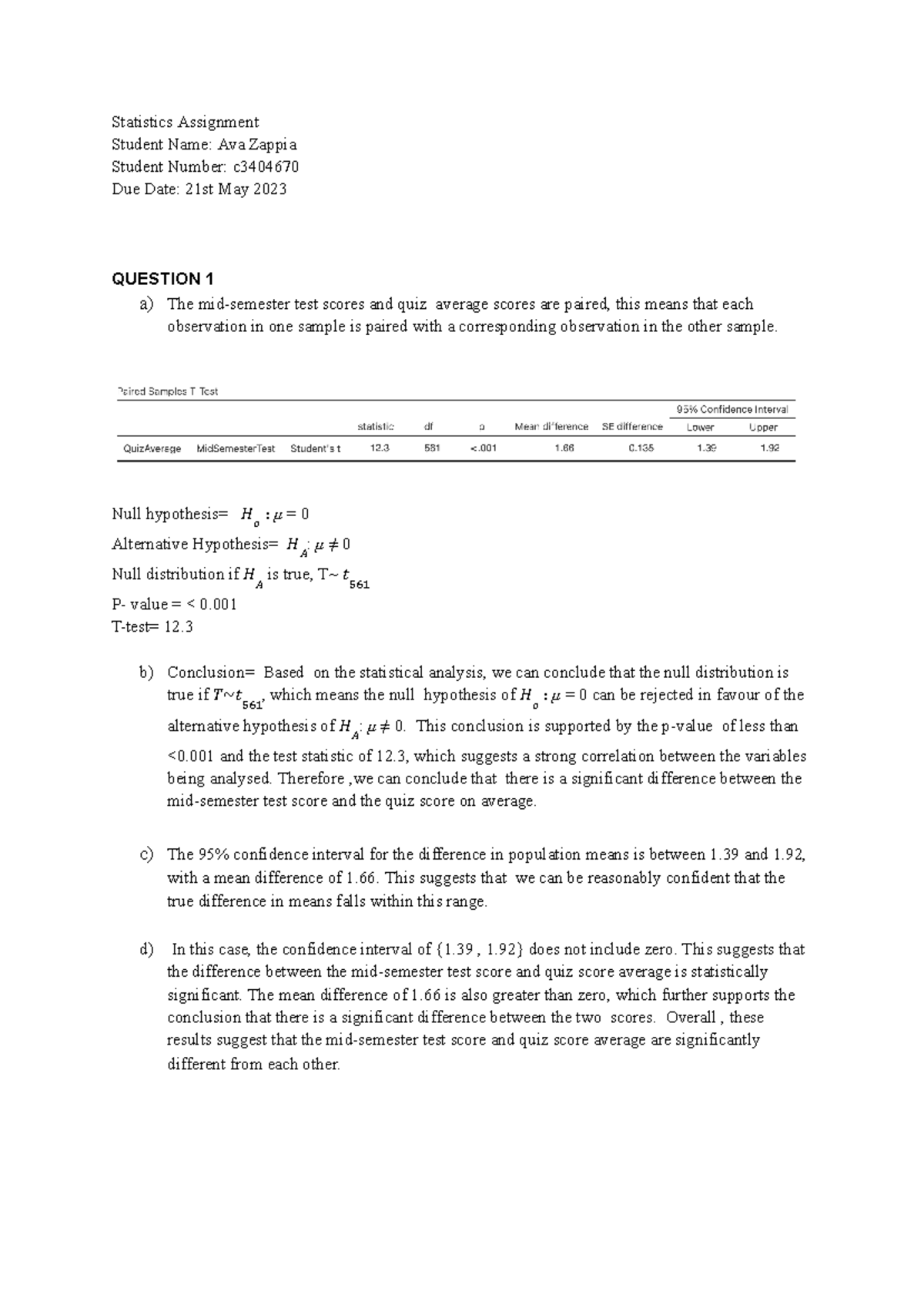 Statistics Assignment - Statistics Assignment Student Name: Ava Zappia ...