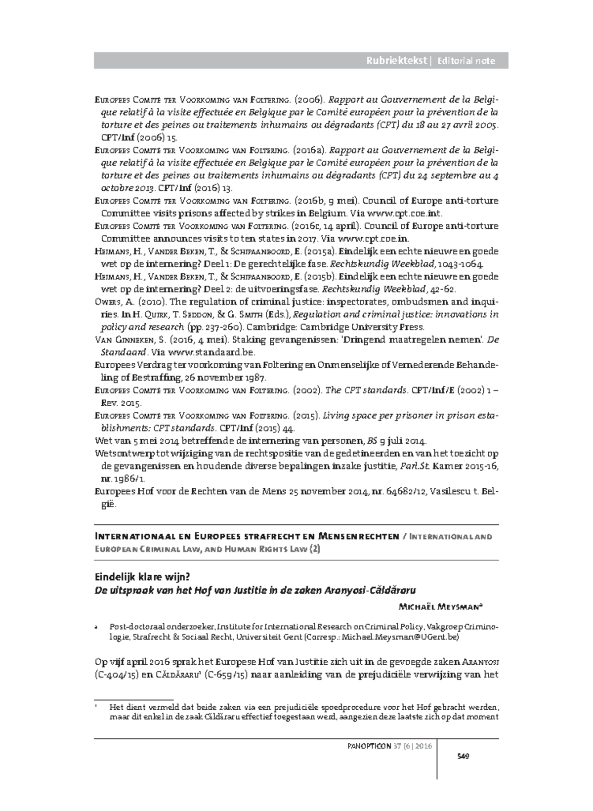 Rubriektekst Editorial Note: CPT Reports on Belgium's Prison Conditions ...