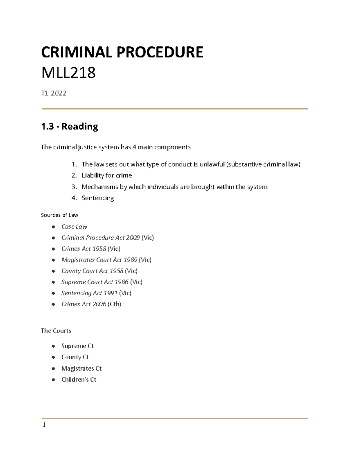MLL218 Criminal Procedure notes - CRIMINAL PROCEDURE MLL T1 2022 1 ...