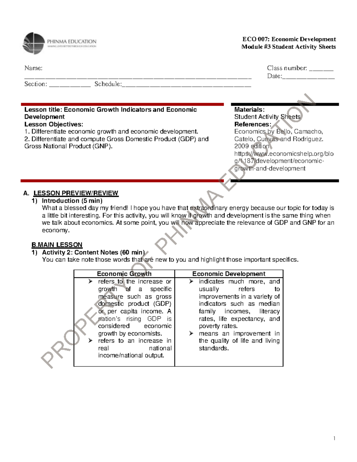 ECO 007: Economic Growth & Development Activity Sheets - Studocu
