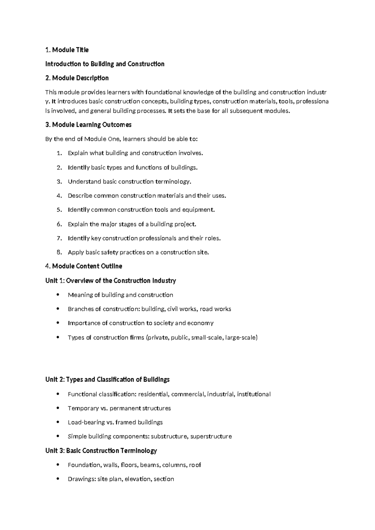 Building & Construction 101: Course Outline & Learning Outcomes - Studocu