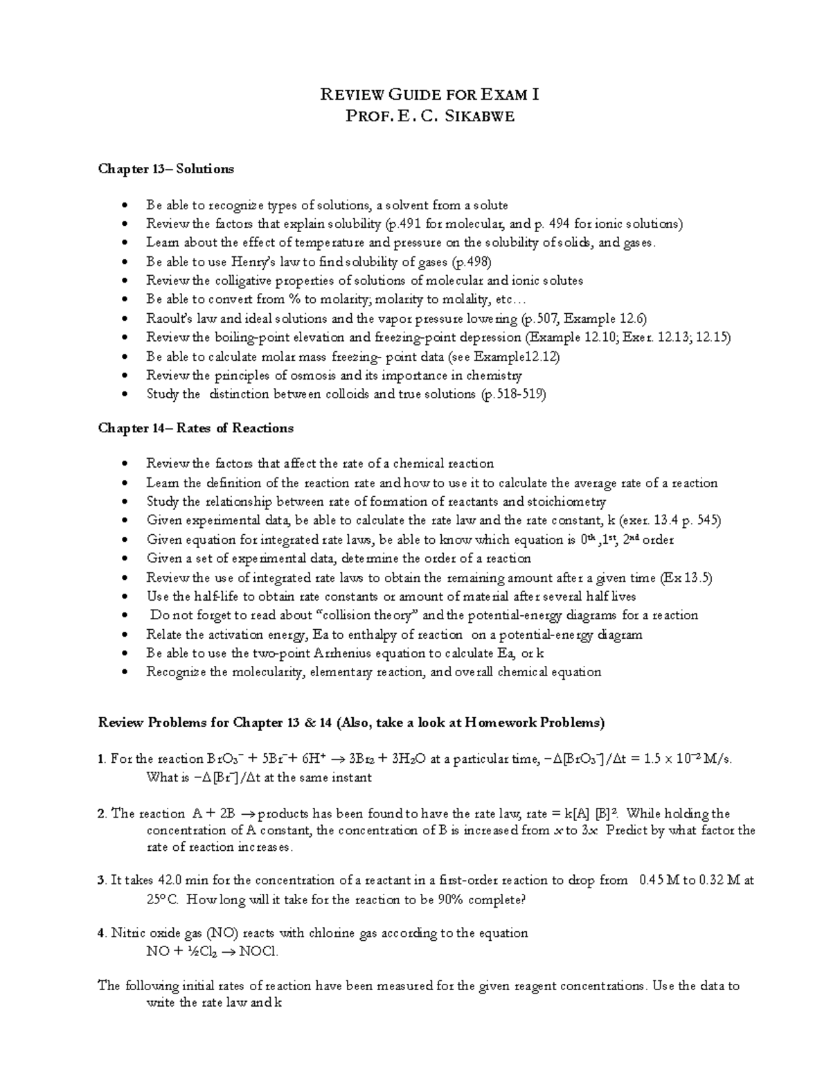 Review Guide for Exam I: Chapters 13-14 Solutions & Rates - Studocu